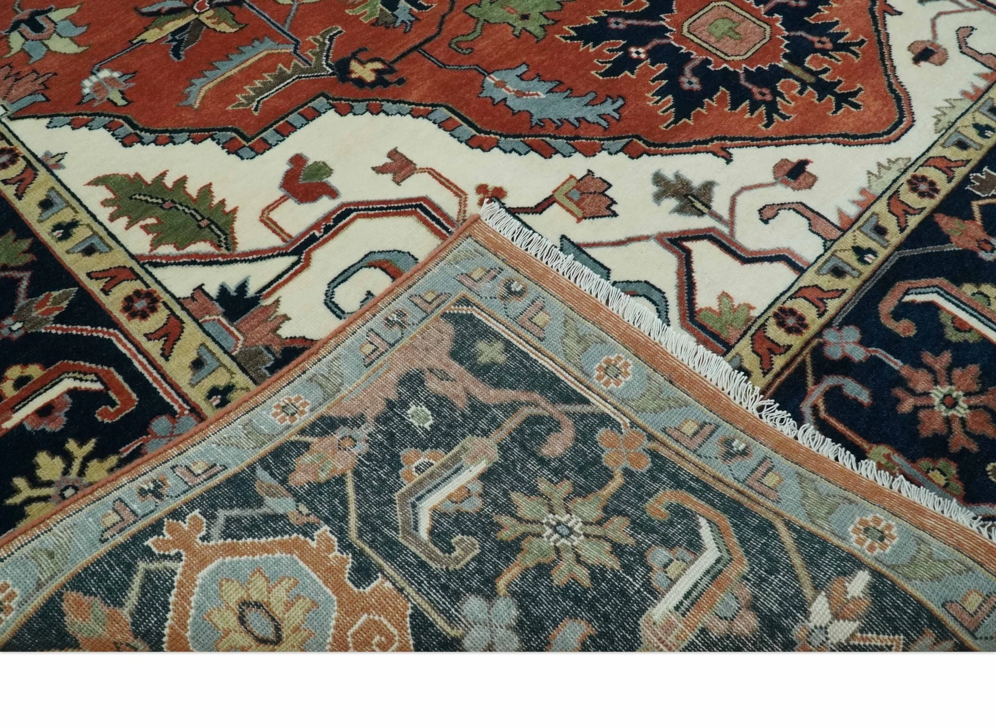 Rust, Ivory and Blue Fine Hand Knotted Traditional Heriz 9x12 wool area rug - Image 6