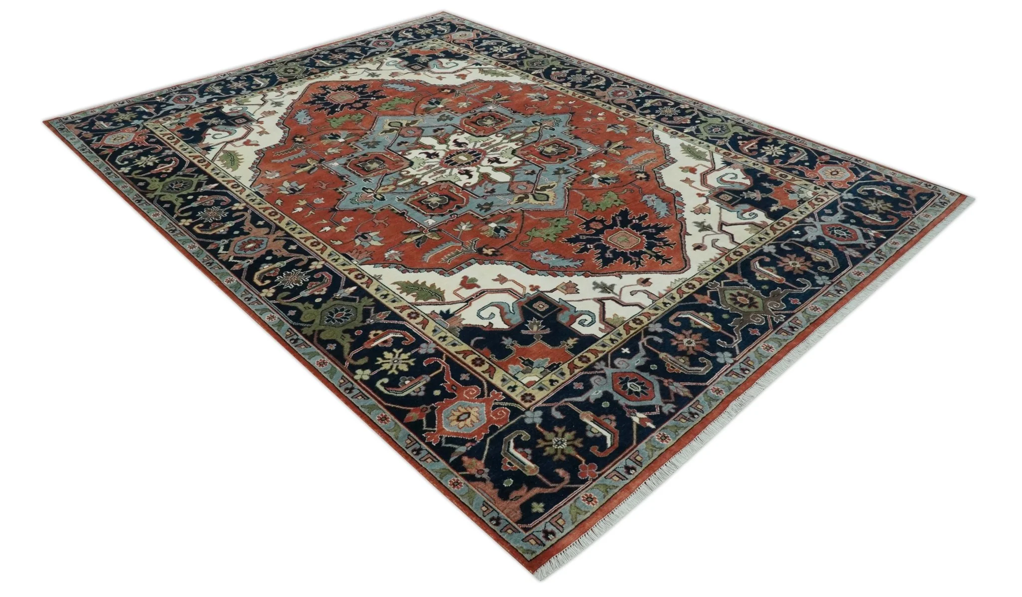 Rust, Ivory and Blue Fine Hand Knotted Traditional Heriz 9x12 wool area rug - Image 9