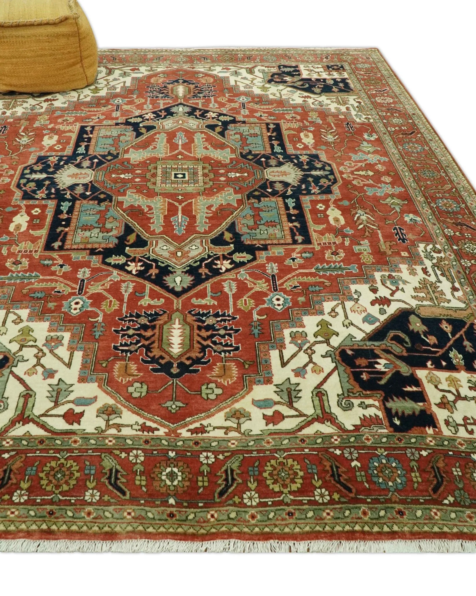 Traditional Heriz Rust, Ivory and Blue 8x10 fine Hand Knotted wool area rug - Image 3