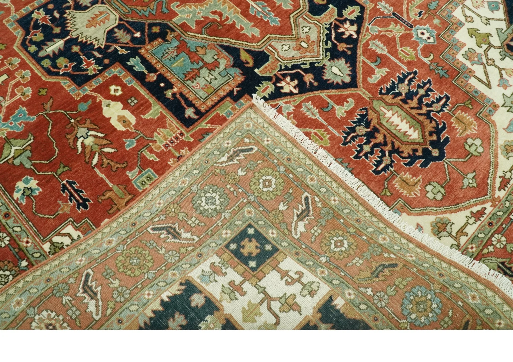 Traditional Heriz Rust, Ivory and Blue 8x10 fine Hand Knotted wool area rug - Image 7