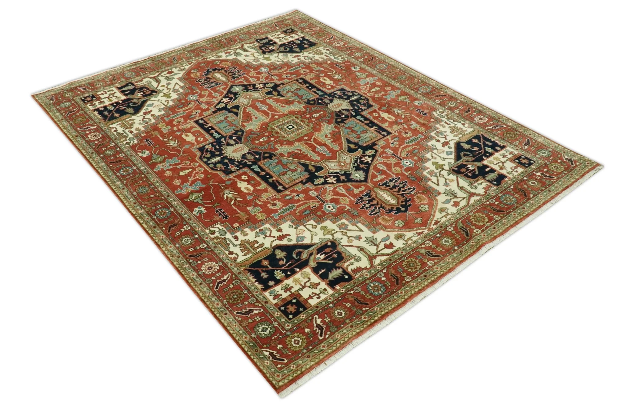 Traditional Heriz Rust, Ivory and Blue 8x10 fine Hand Knotted wool area rug - Image 8