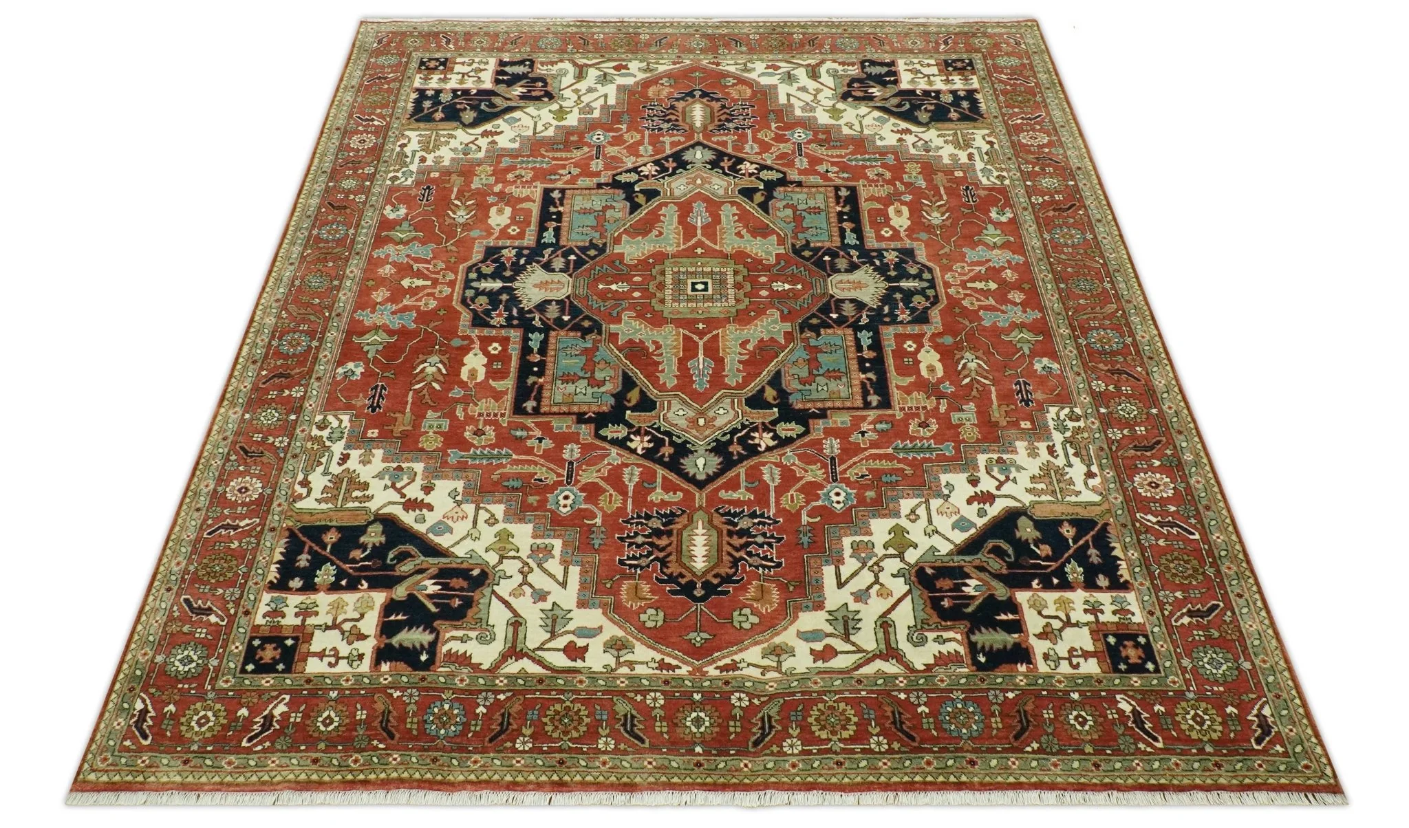 Traditional Heriz Rust, Ivory and Blue 8x10 fine Hand Knotted wool area rug - Image 9