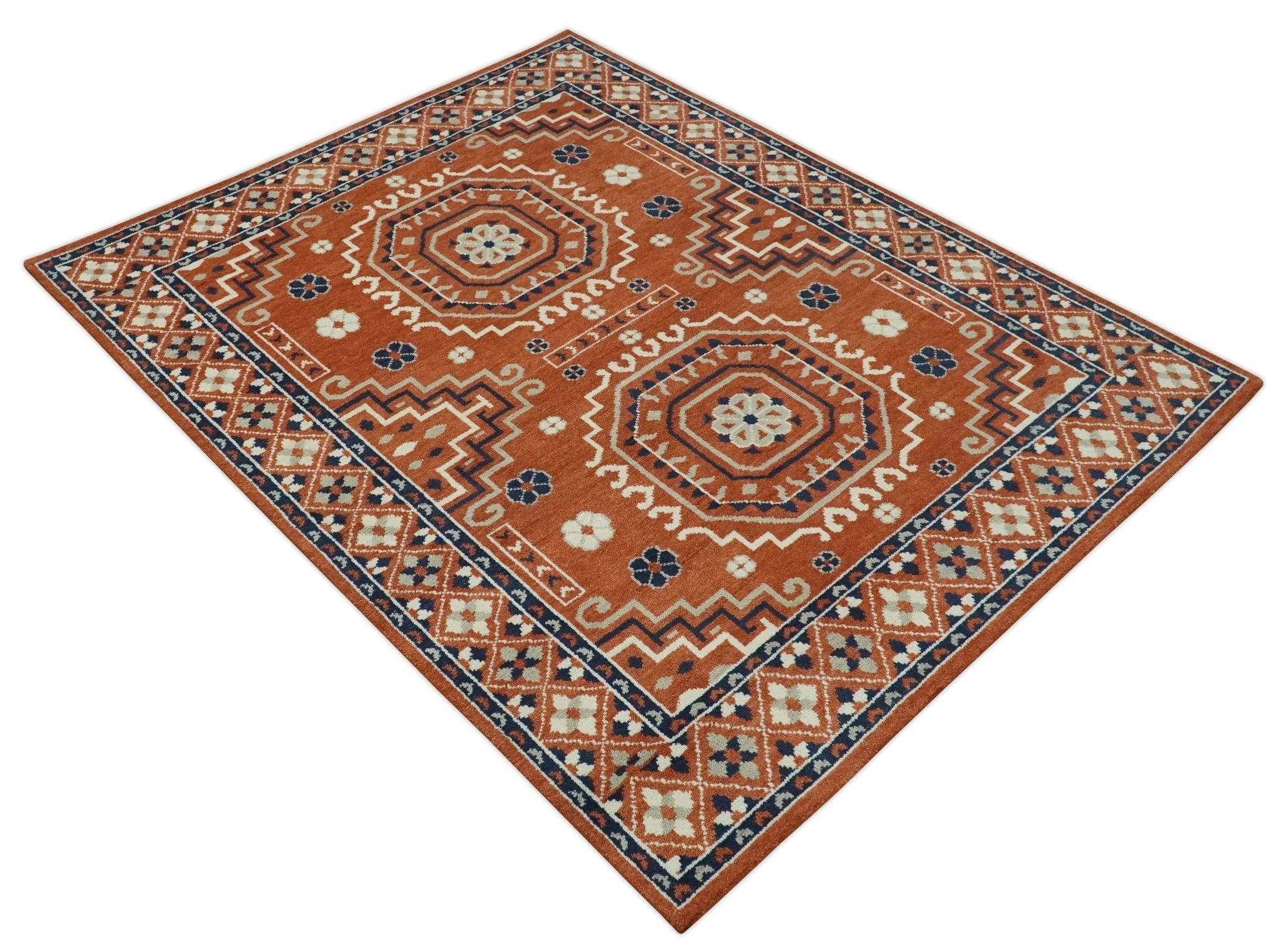 Rust, Ivory and Blue Traditional Mamluk design Hand Knotted Custom Made wool Area Rug - Image 10