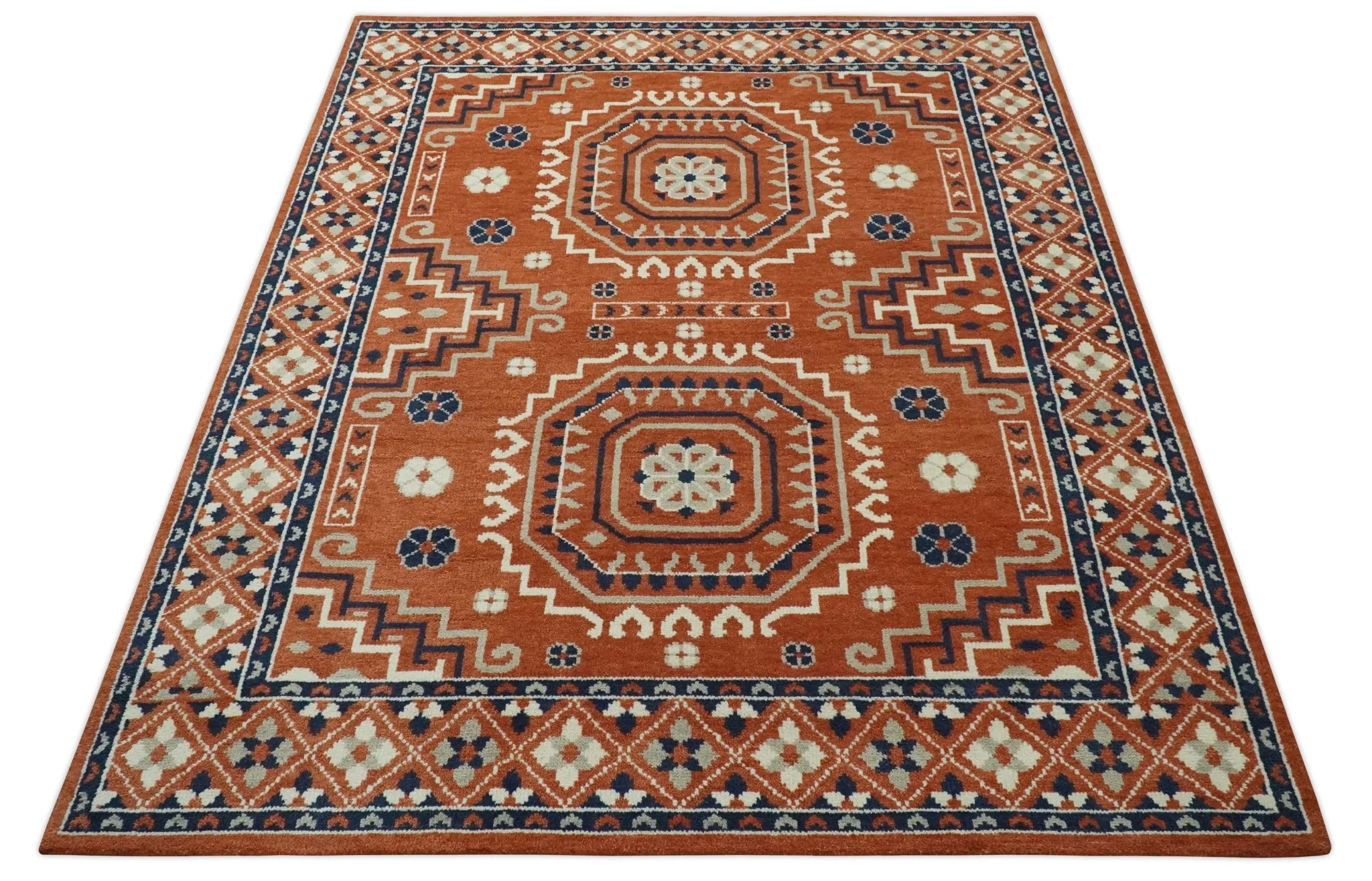 Rust, Ivory and Blue Traditional Mamluk design Hand Knotted Custom Made wool Area Rug - Image 11