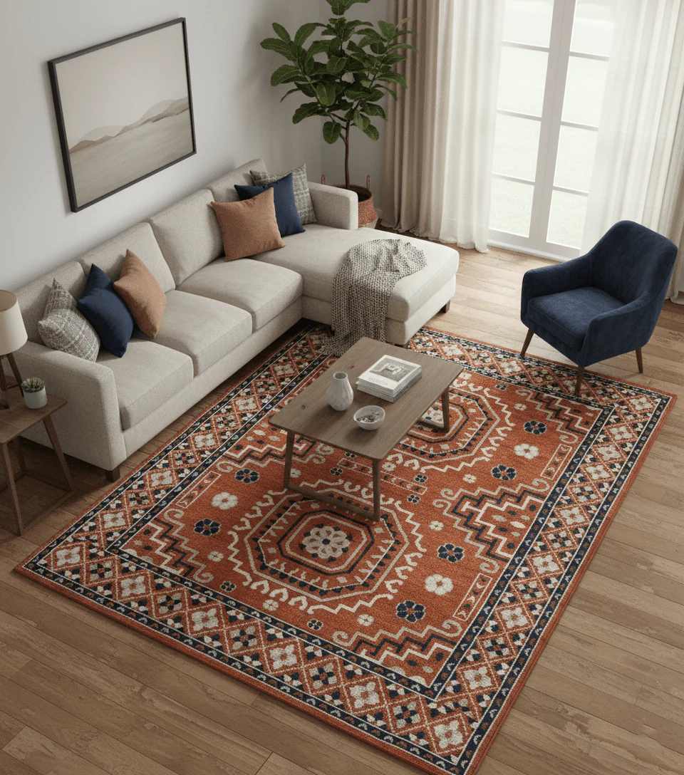 Rust, Ivory and Blue Traditional Mamluk design Hand Knotted Custom Made wool Area Rug - Image 2