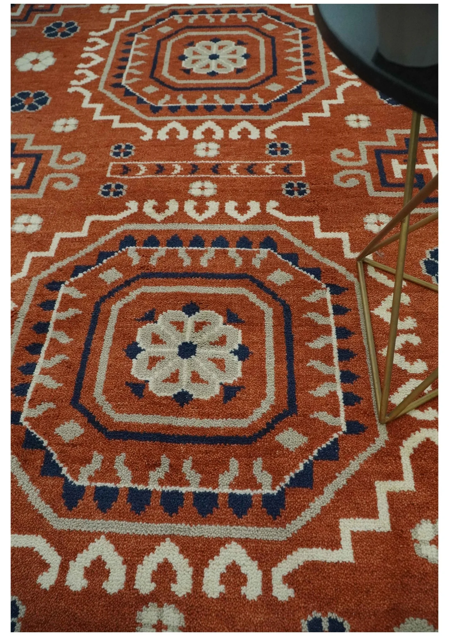 Rust, Ivory and Blue Traditional Mamluk design Hand Knotted Custom Made wool Area Rug - Image 3