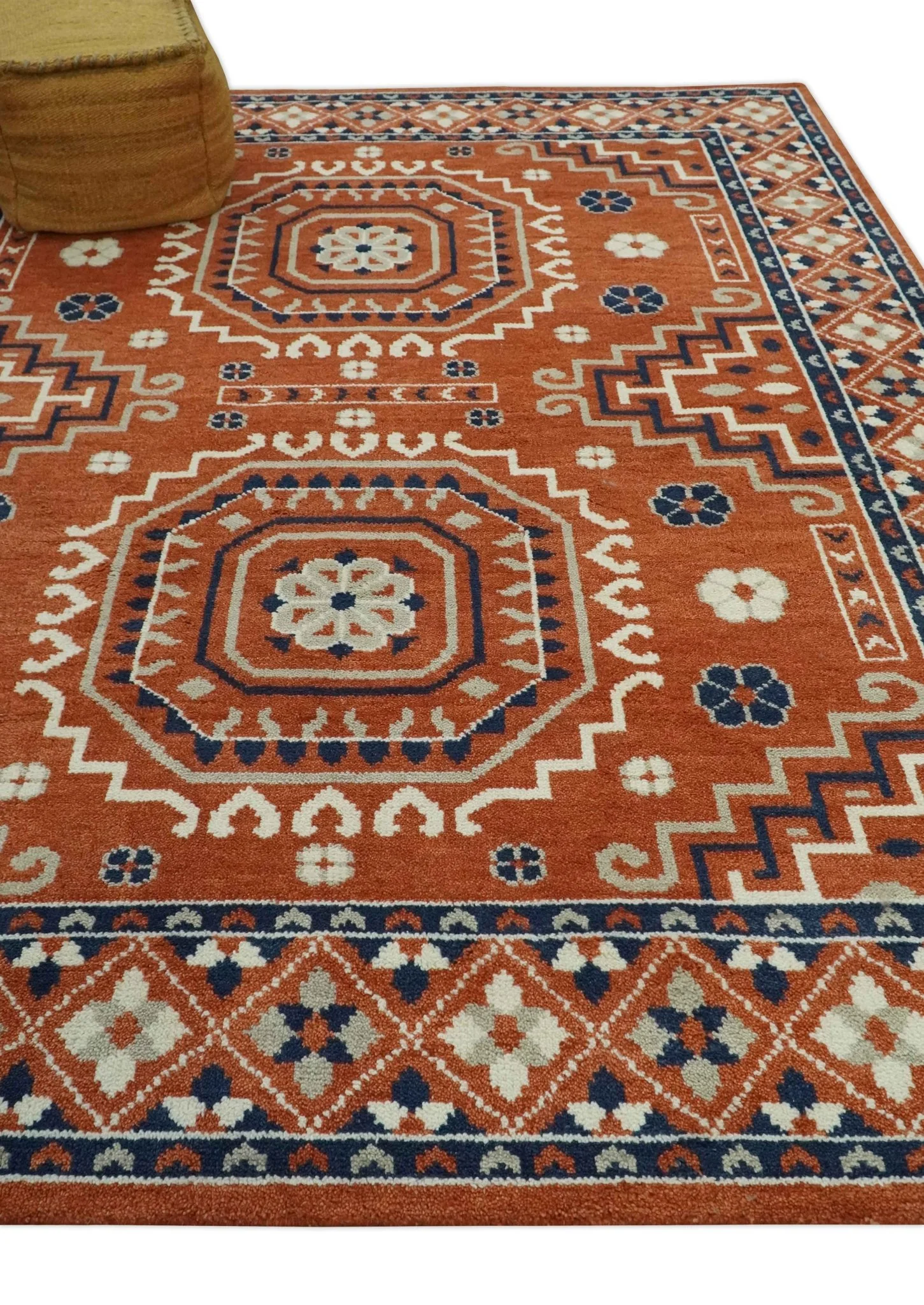 Rust, Ivory and Blue Traditional Mamluk design Hand Knotted Custom Made wool Area Rug - Image 4