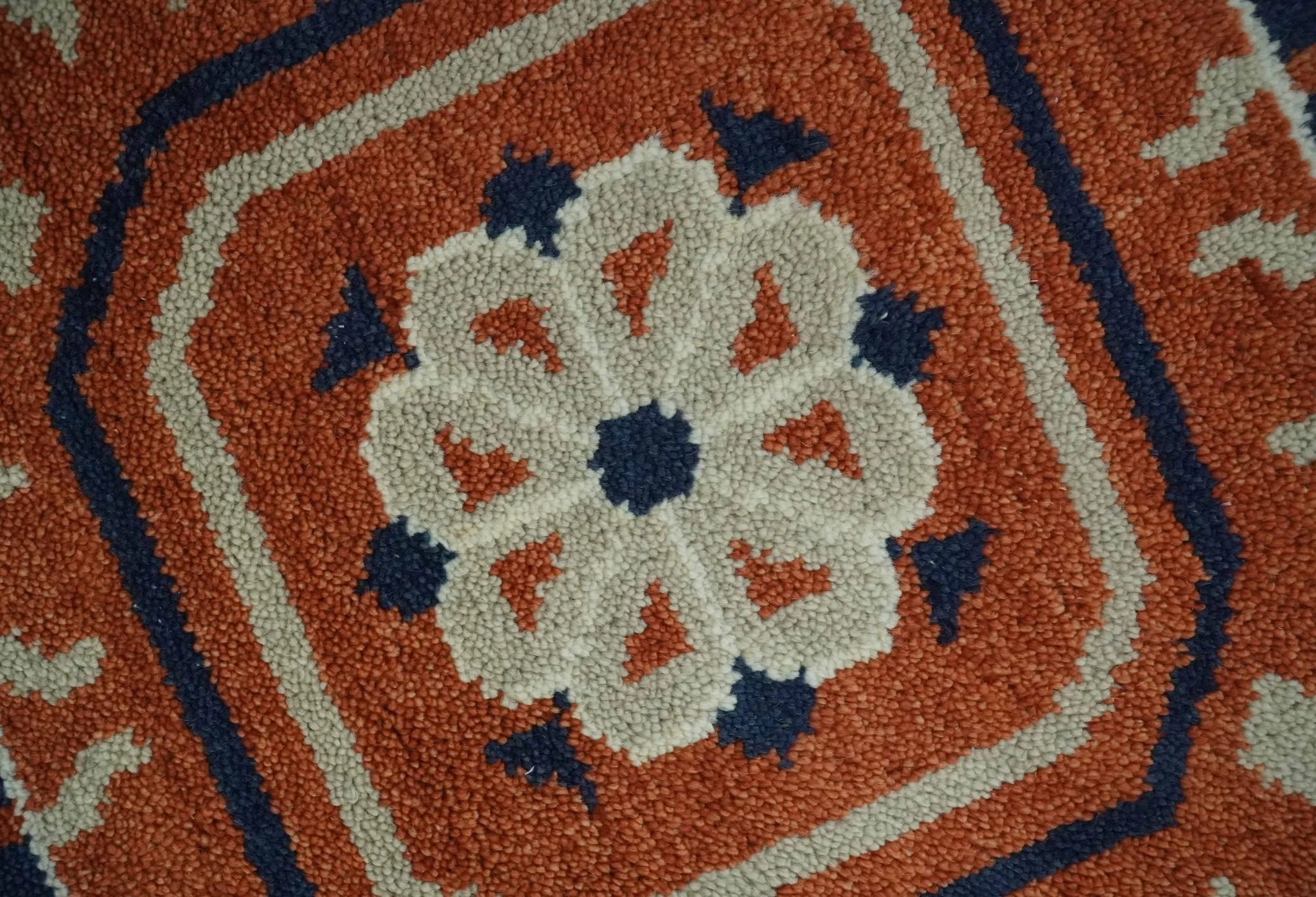 Rust, Ivory and Blue Traditional Mamluk design Hand Knotted Custom Made wool Area Rug - Image 5