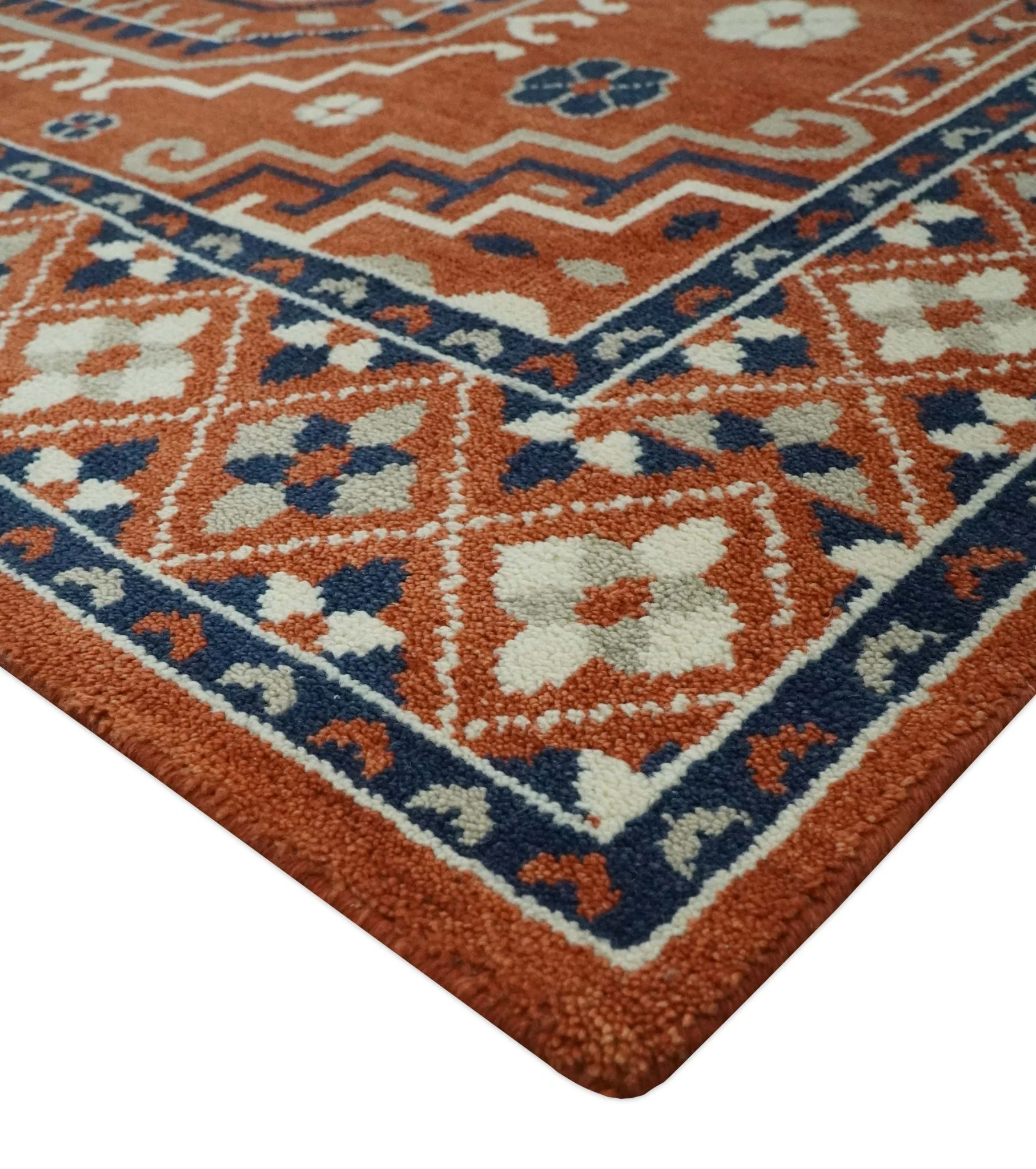 Rust, Ivory and Blue Traditional Mamluk design Hand Knotted Custom Made wool Area Rug - Image 6