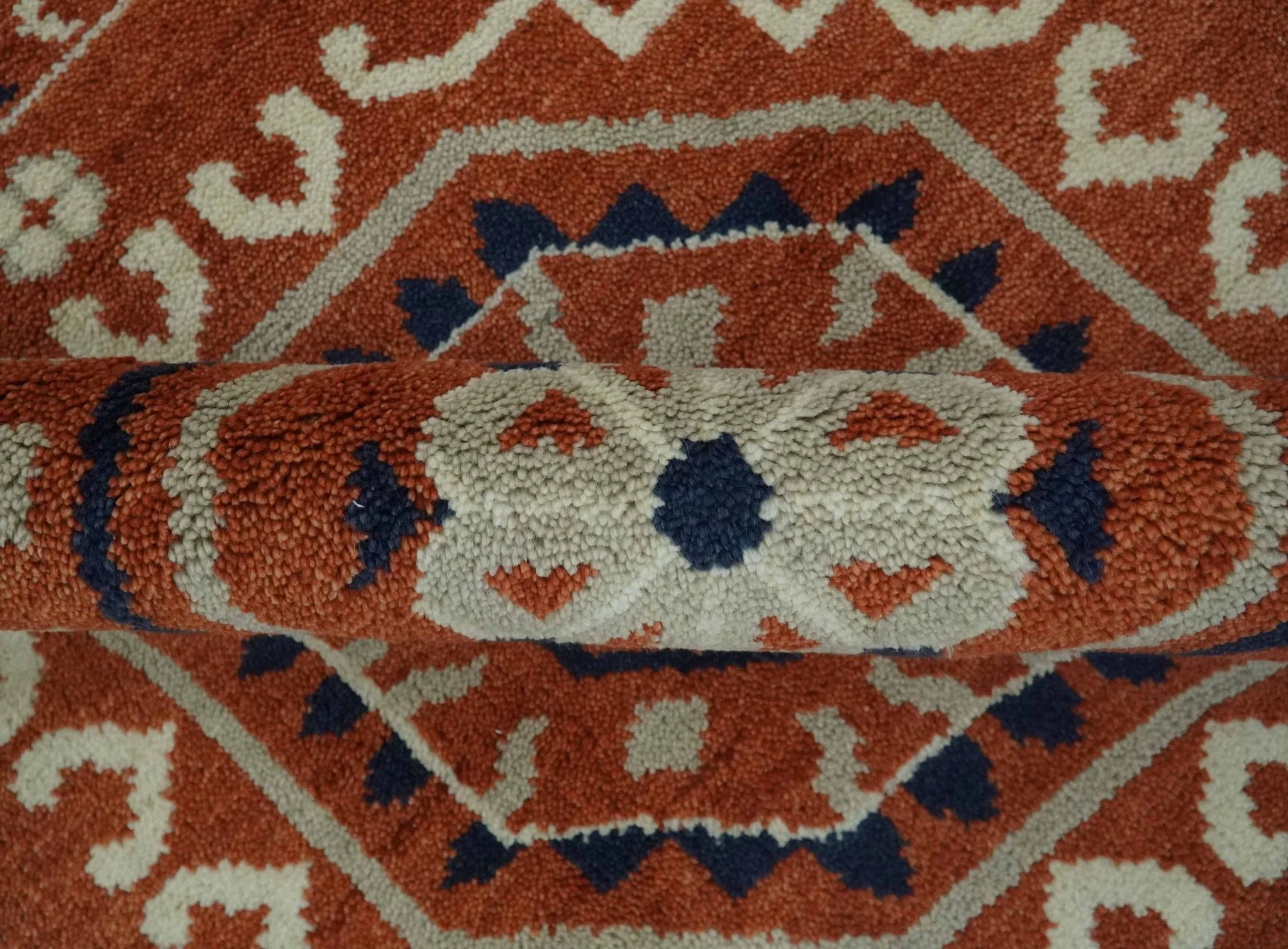 Rust, Ivory and Blue Traditional Mamluk design Hand Knotted Custom Made wool Area Rug - Image 7