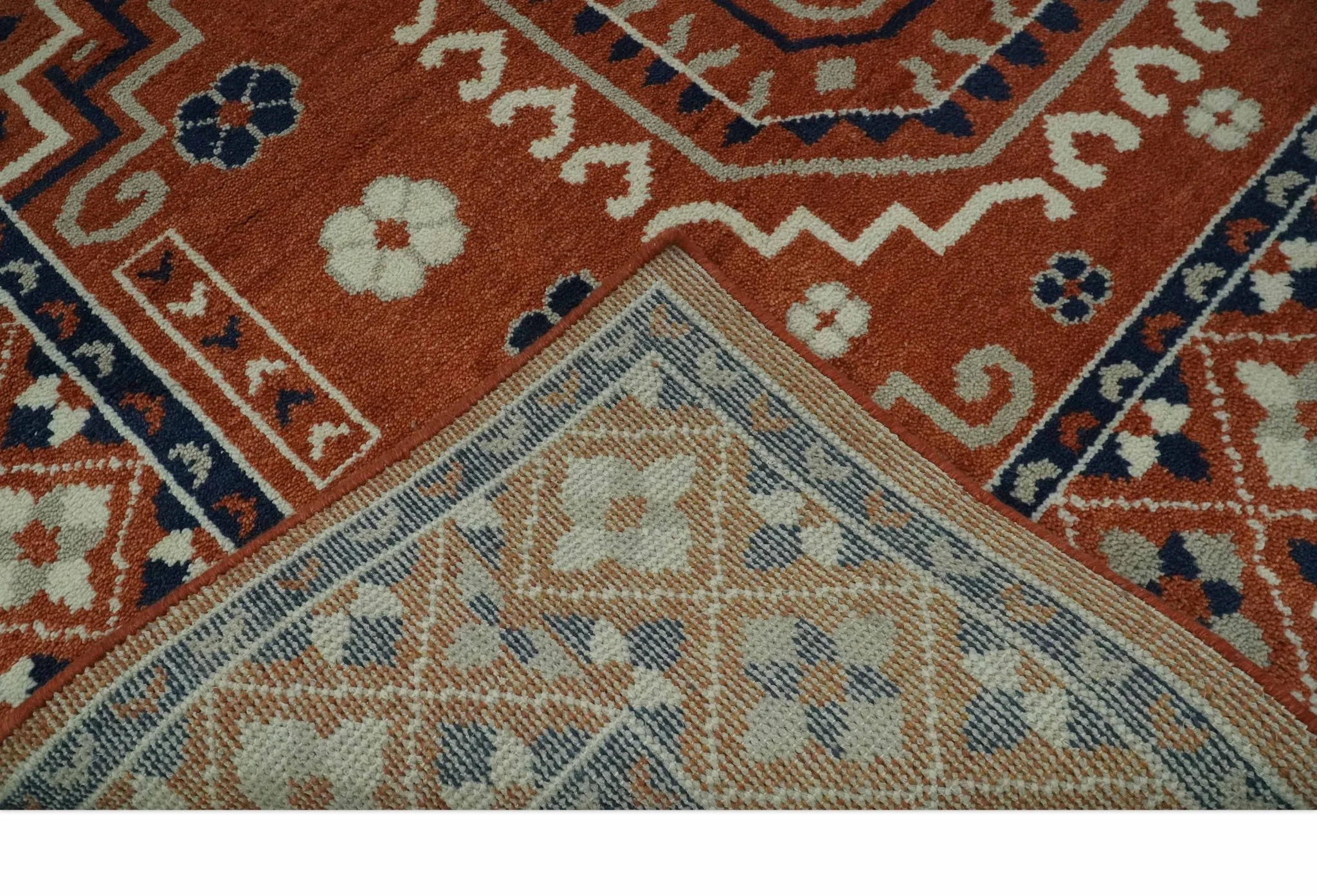 Rust, Ivory and Blue Traditional Mamluk design Hand Knotted Custom Made wool Area Rug - Image 8