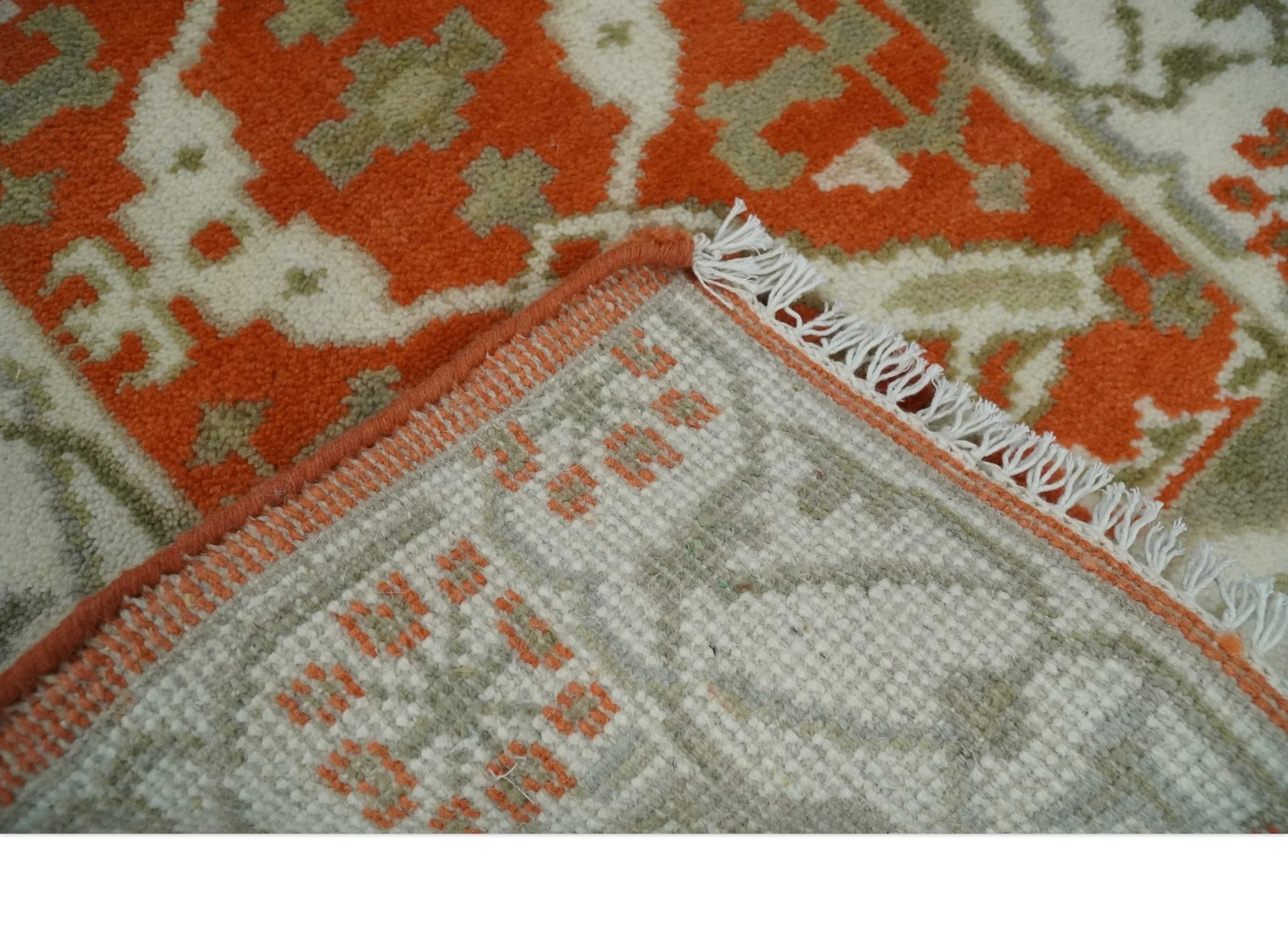 Rust, Ivory and Olive hand knotted 2x3 Oriental Oushak Wool Area Rug - Image 5