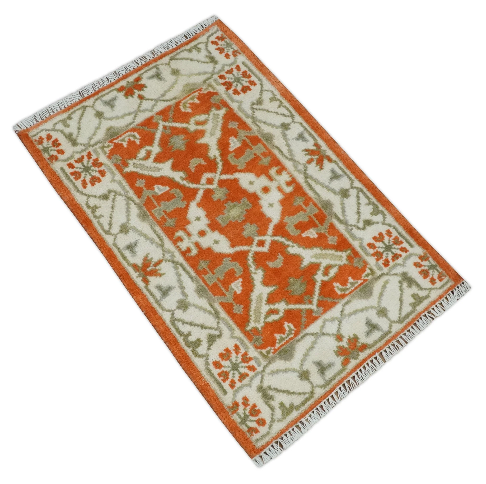 Rust, Ivory and Olive hand knotted 2x3 Oriental Oushak Wool Area Rug - Image 8