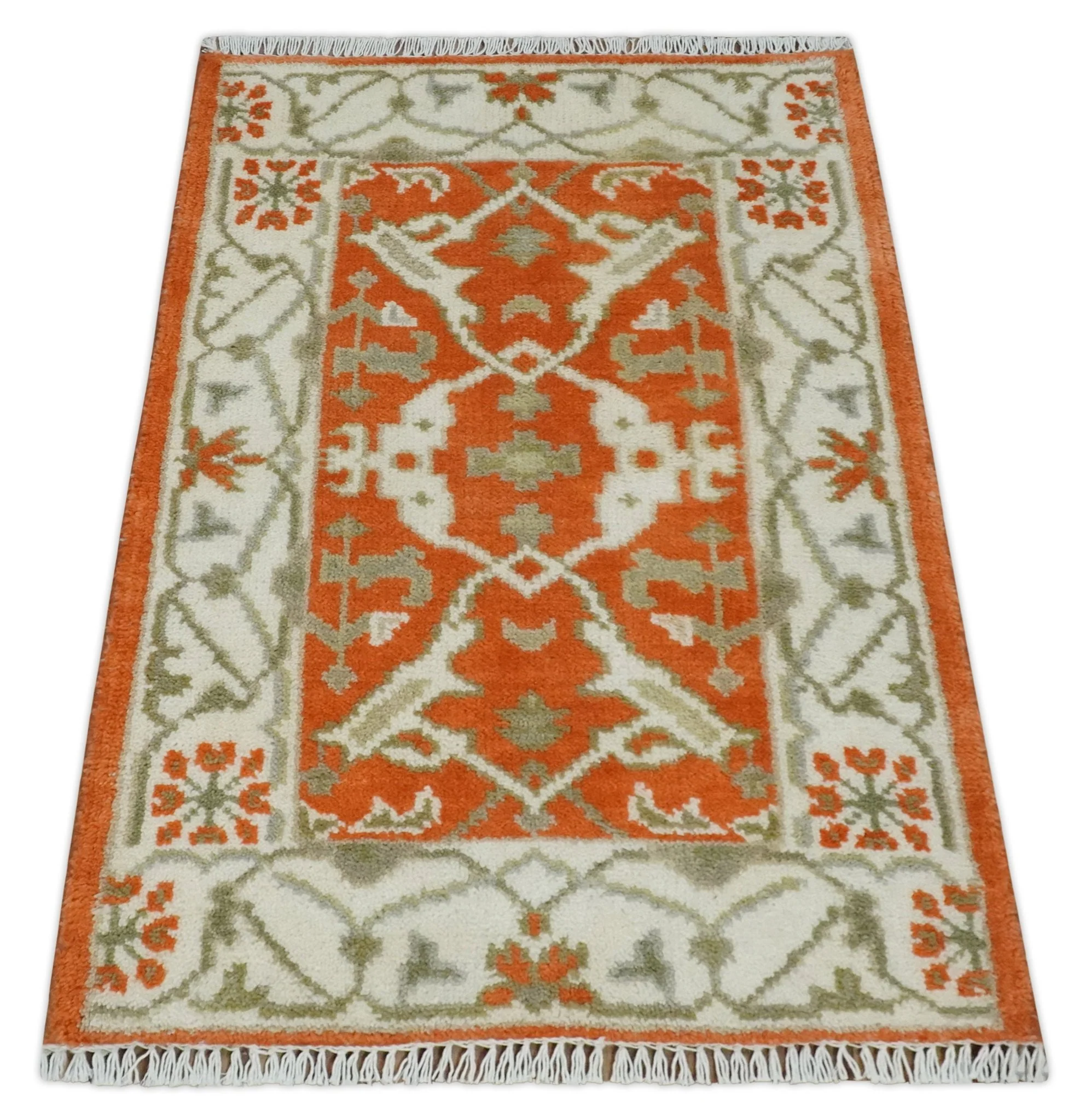 Rust, Ivory and Olive hand knotted 2x3 Oriental Oushak Wool Area Rug - Image 9