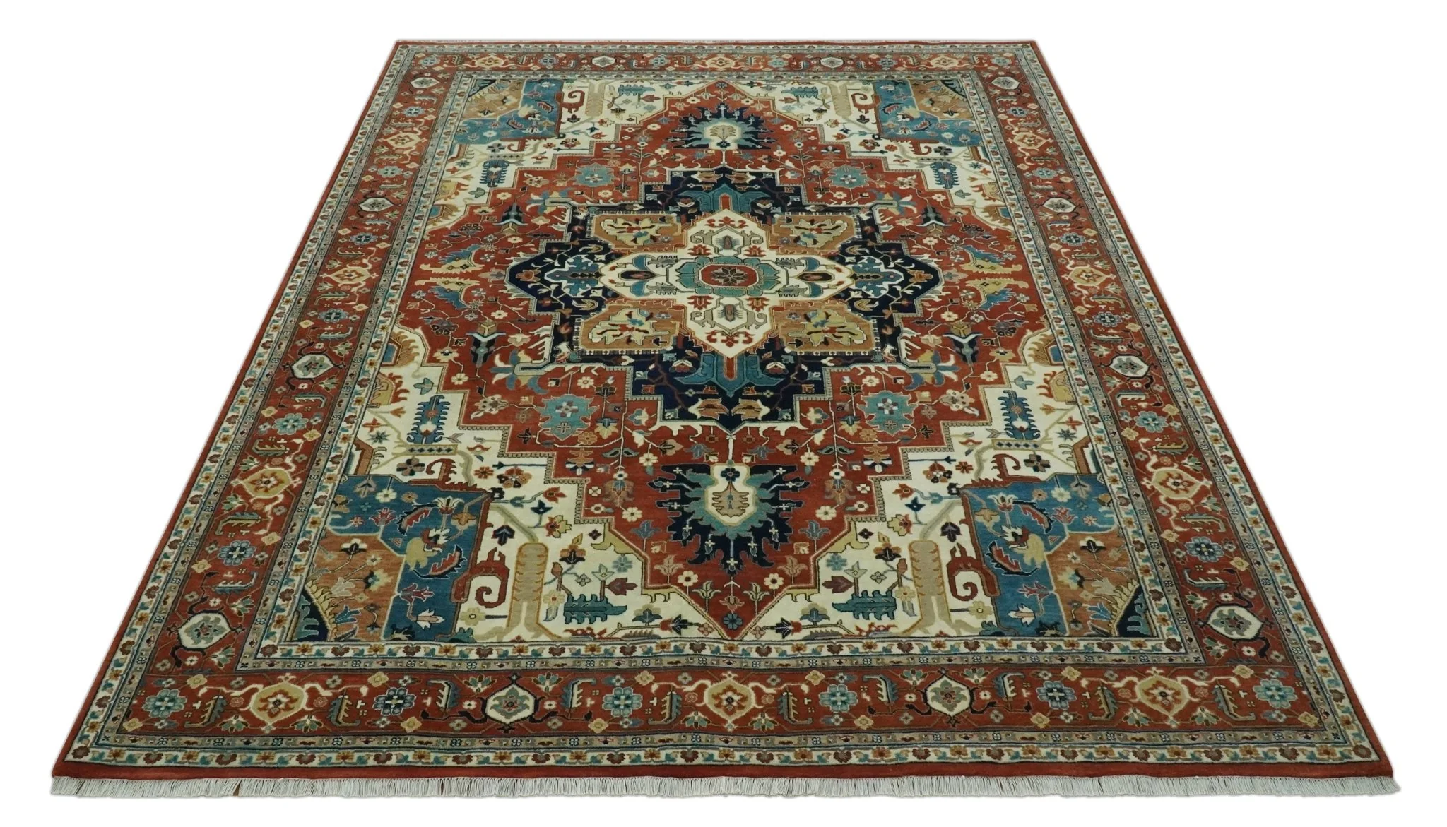 9x12 Fine Hand Knotted Rust, Ivory and Teal Traditional Heriz wool area rug - Image 10
