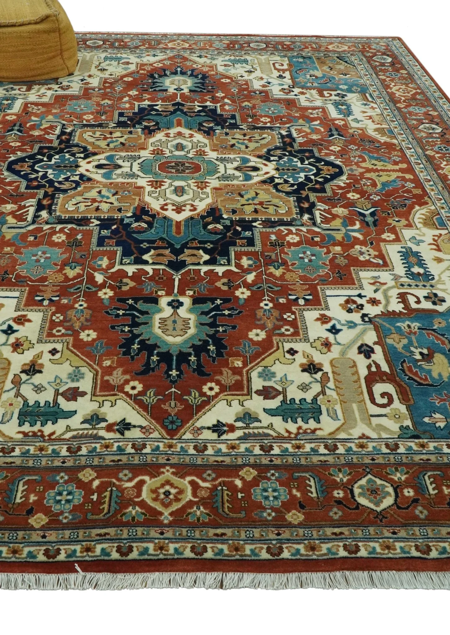 9x12 Fine Hand Knotted Rust, Ivory and Teal Traditional Heriz wool area rug - Image 3