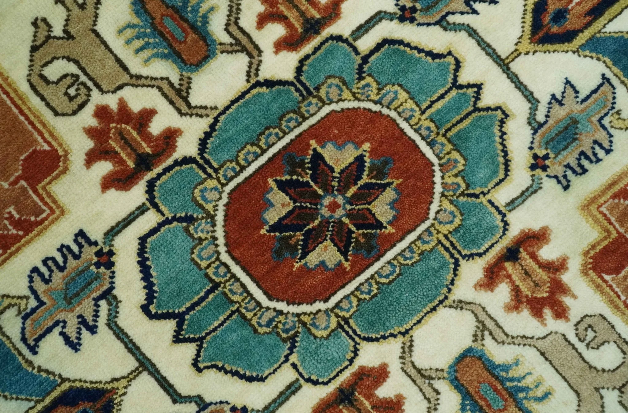 9x12 Fine Hand Knotted Rust, Ivory and Teal Traditional Heriz wool area rug - Image 4
