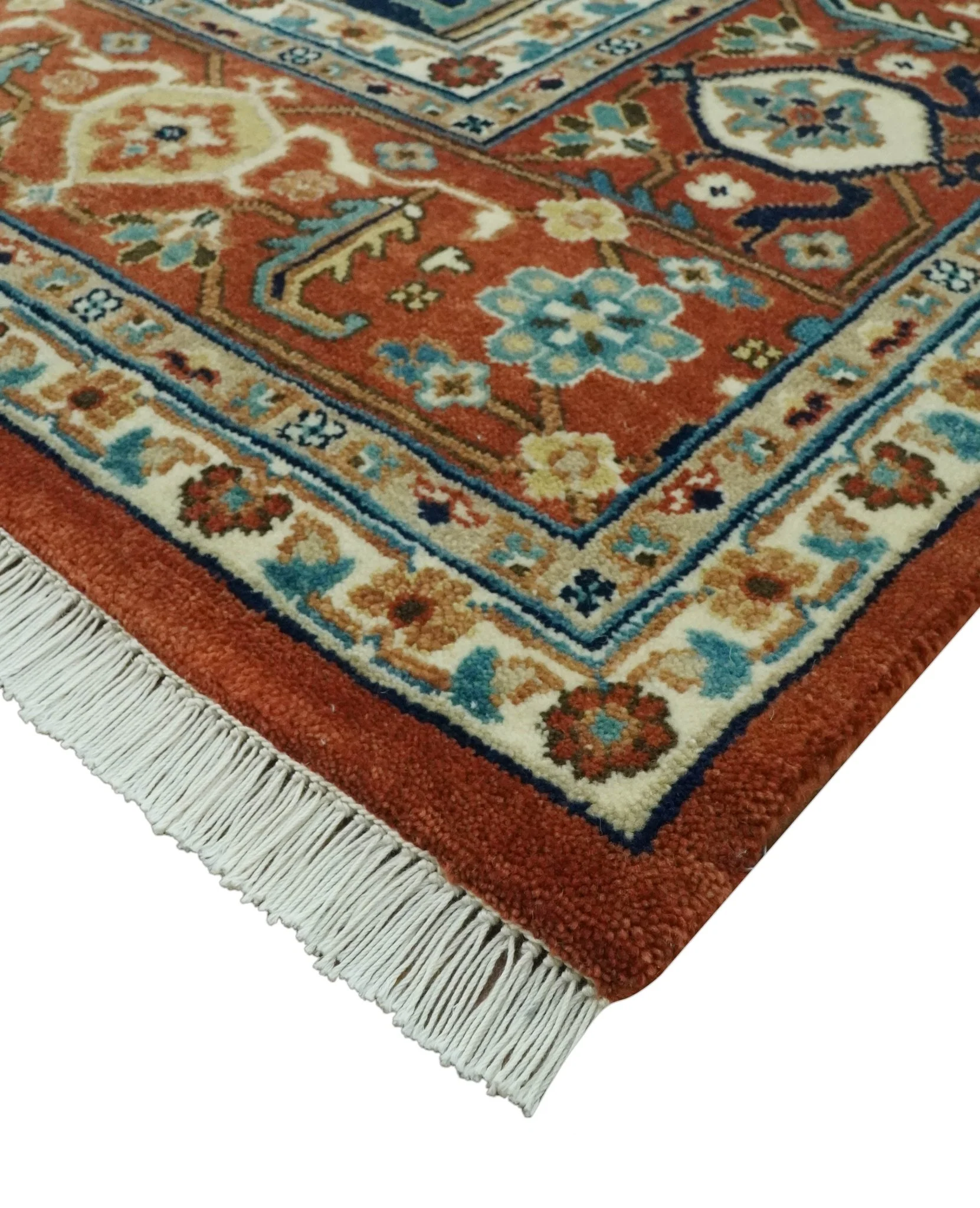9x12 Fine Hand Knotted Rust, Ivory and Teal Traditional Heriz wool area rug - Image 5