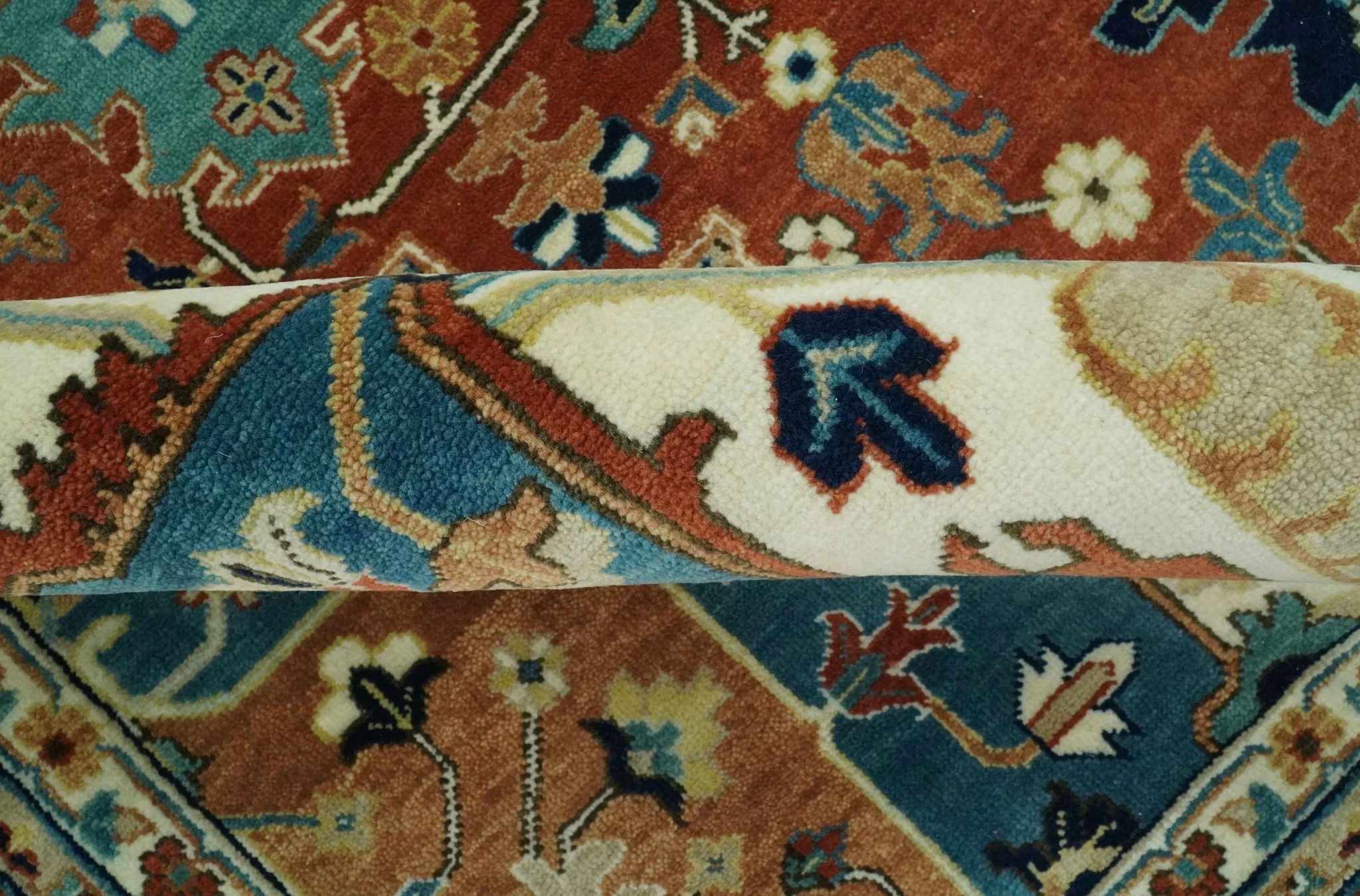 9x12 Fine Hand Knotted Rust, Ivory and Teal Traditional Heriz wool area rug - Image 6