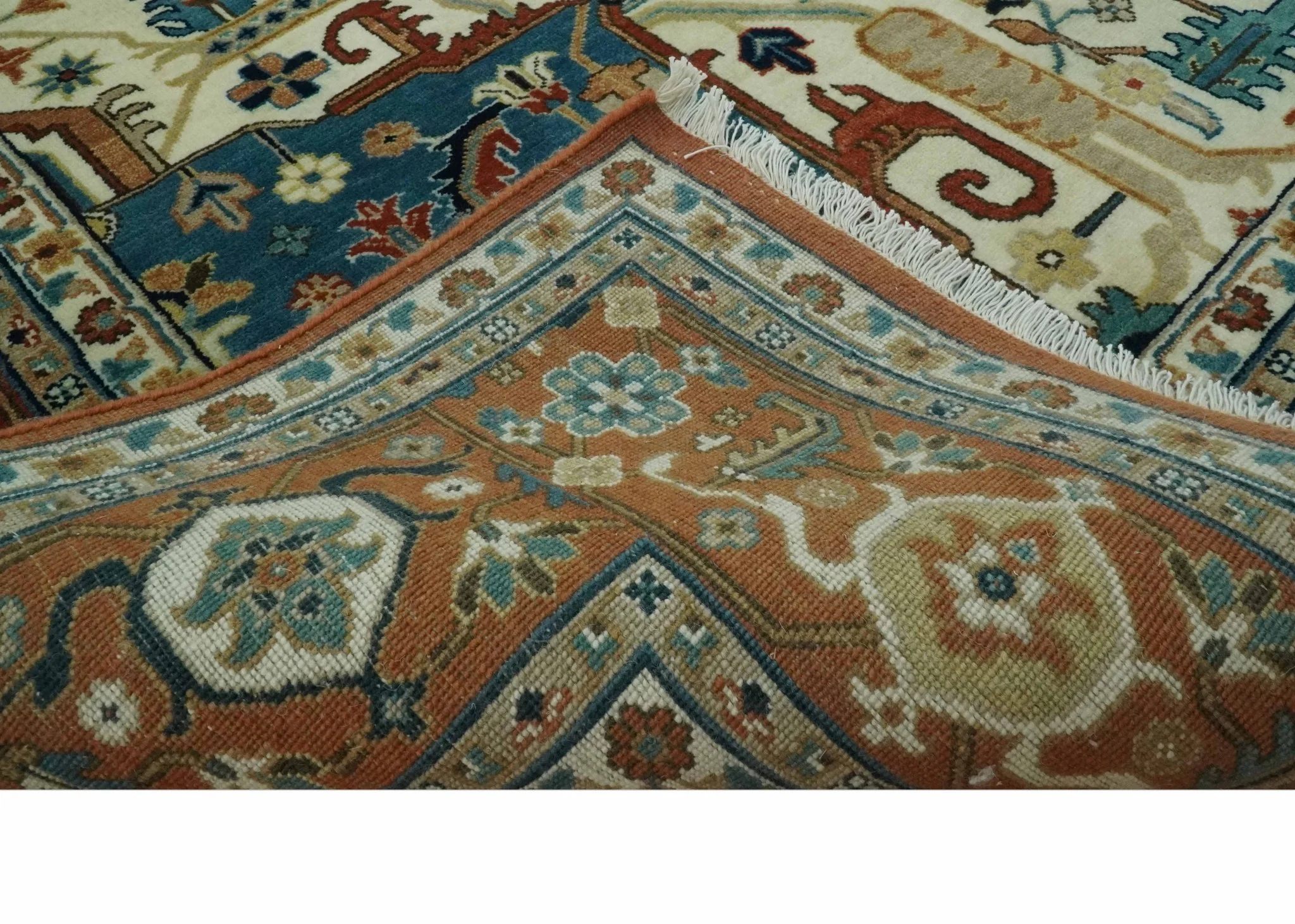 9x12 Fine Hand Knotted Rust, Ivory and Teal Traditional Heriz wool area rug - Image 7