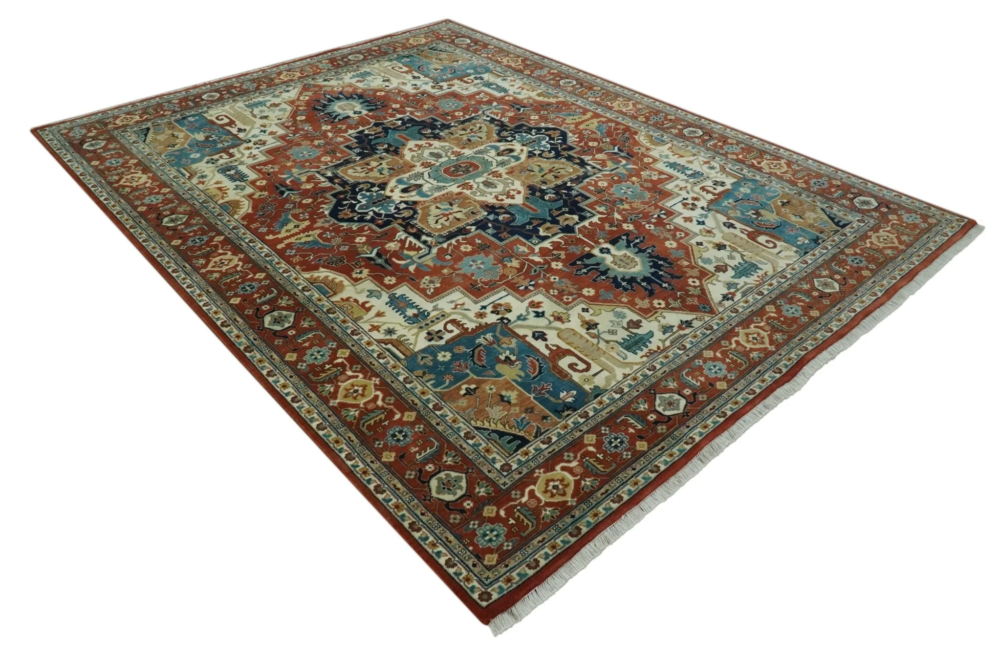 9x12 Fine Hand Knotted Rust, Ivory and Teal Traditional Heriz wool area rug - Image 9