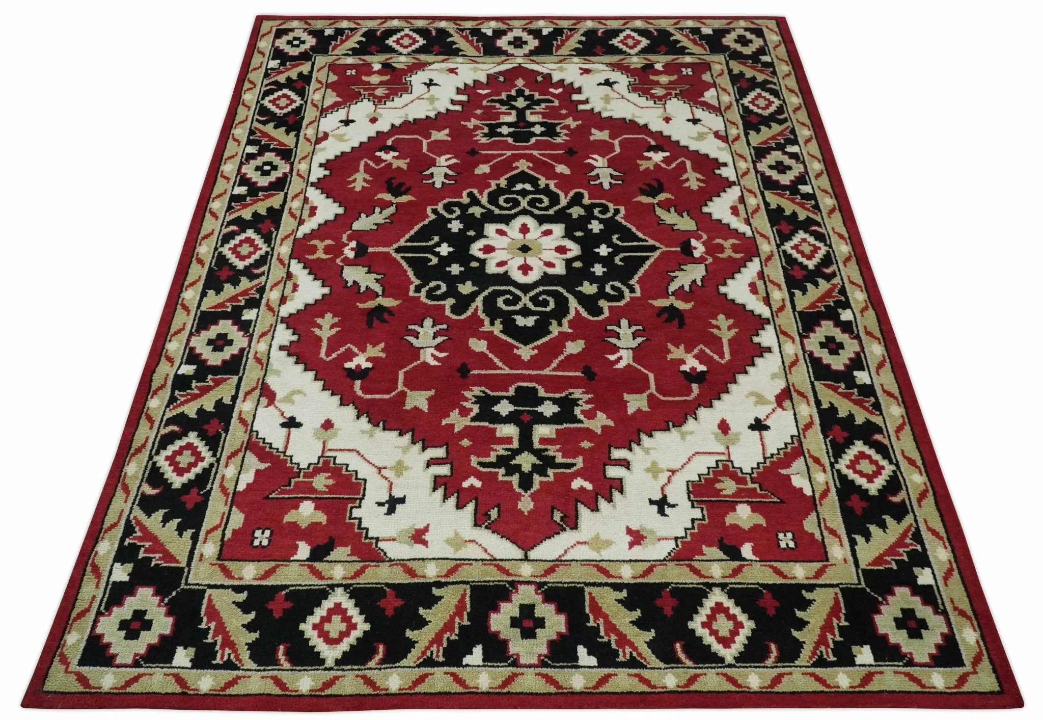 Rust, Ivory, Black and Beige Hand Knotted Traditional Heriz Multi Size wool area Rug - Image 10
