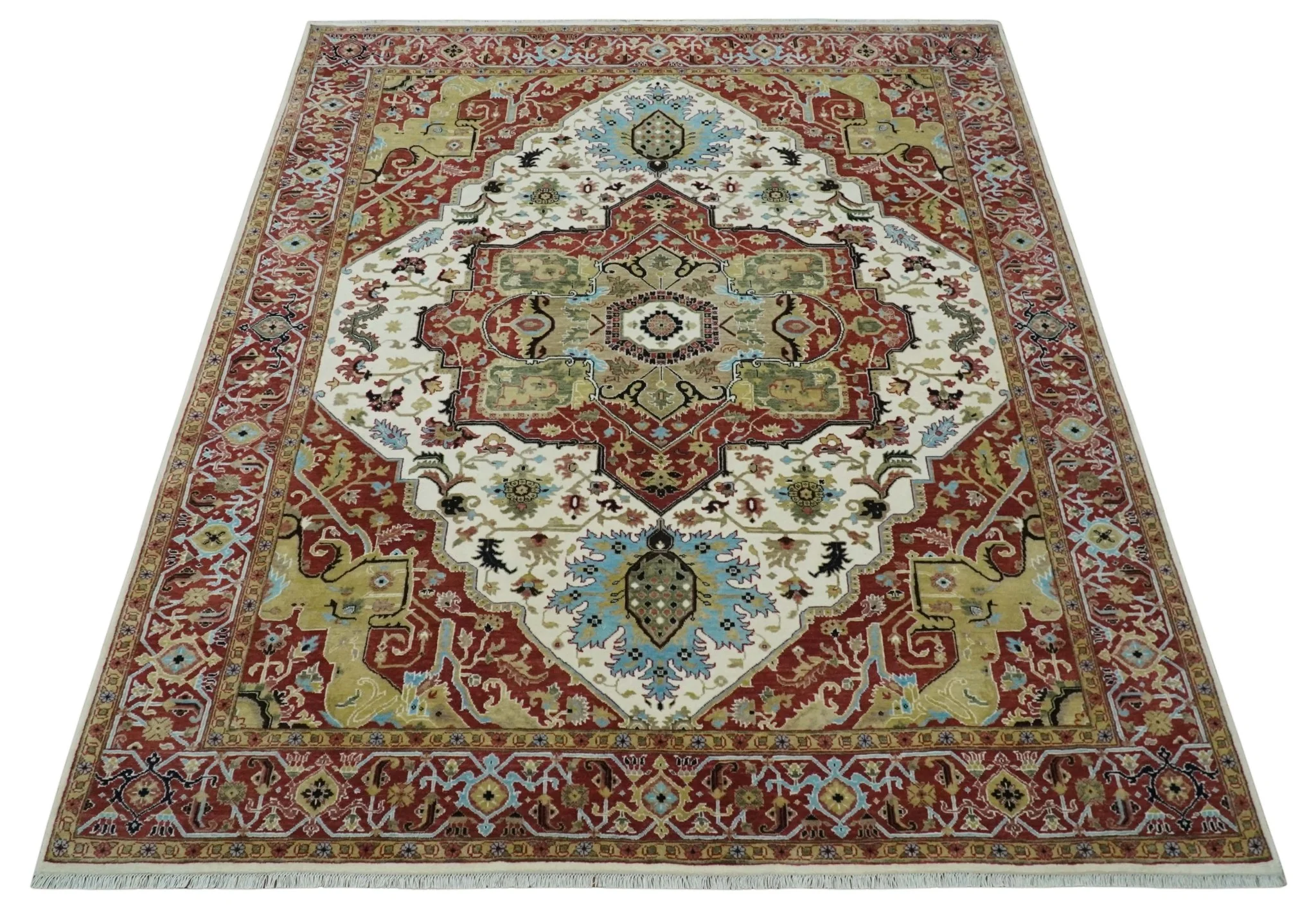 Fine Knots Red, Ivory and Olive 8x10 Hand knotted Traditional Wool Area Rug, - Image 10