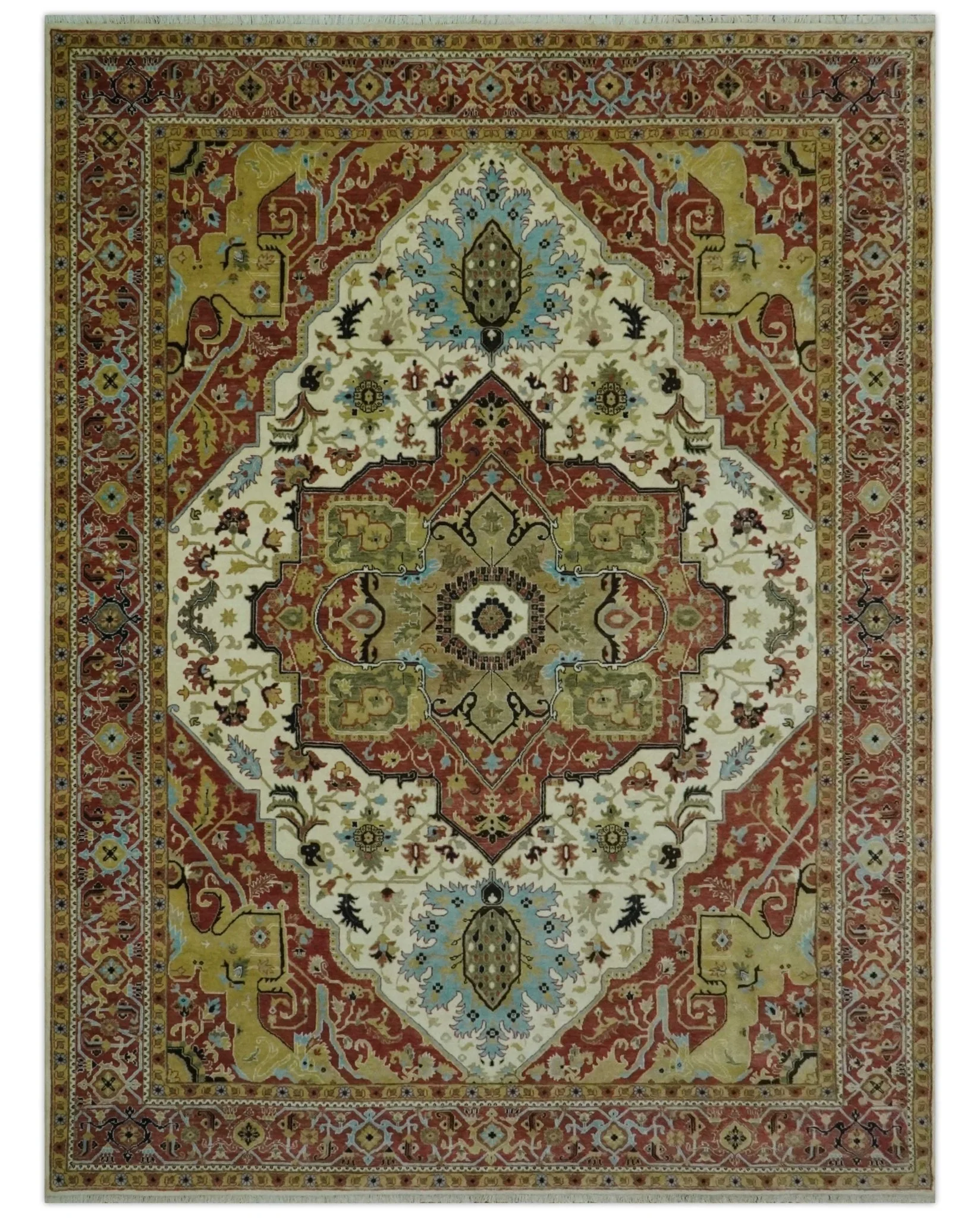 Fine Knots Red, Ivory and Olive 8x10 Hand knotted Traditional Wool Area Rug, - Image 11