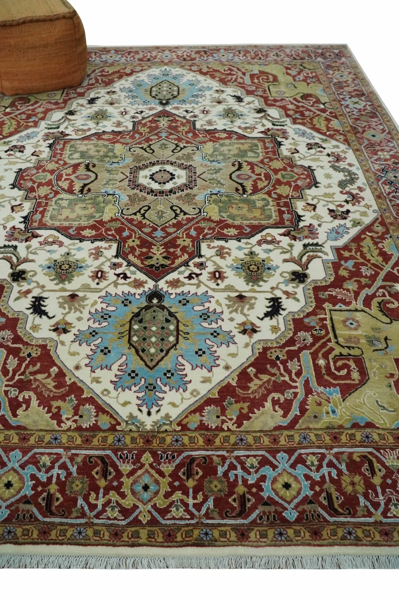 Fine Knots Red, Ivory and Olive 8x10 Hand knotted Traditional Wool Area Rug, - Image 3