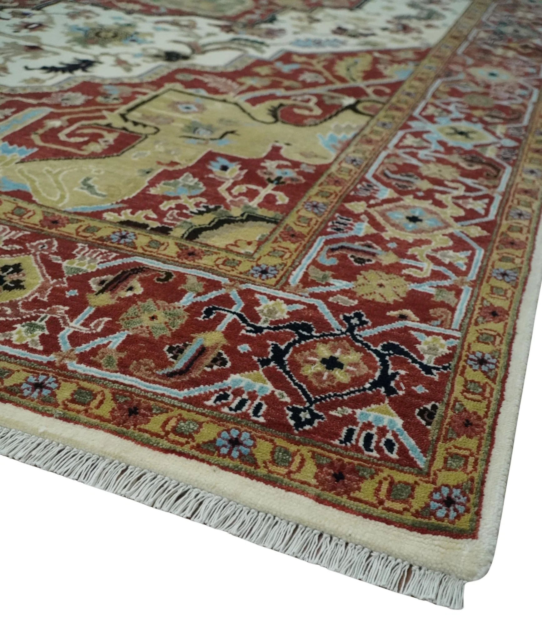 Fine Knots Red, Ivory and Olive 8x10 Hand knotted Traditional Wool Area Rug, - Image 5