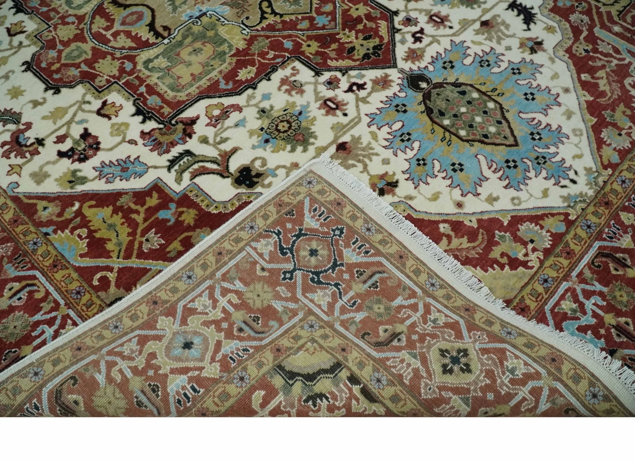 Fine Knots Red, Ivory and Olive 8x10 Hand knotted Traditional Wool Area Rug, - Image 6
