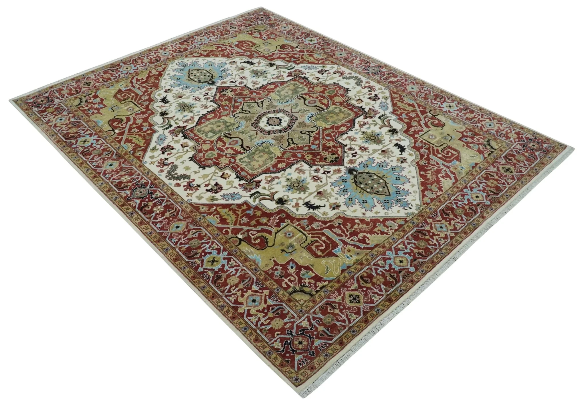 Fine Knots Red, Ivory and Olive 8x10 Hand knotted Traditional Wool Area Rug, - Image 9