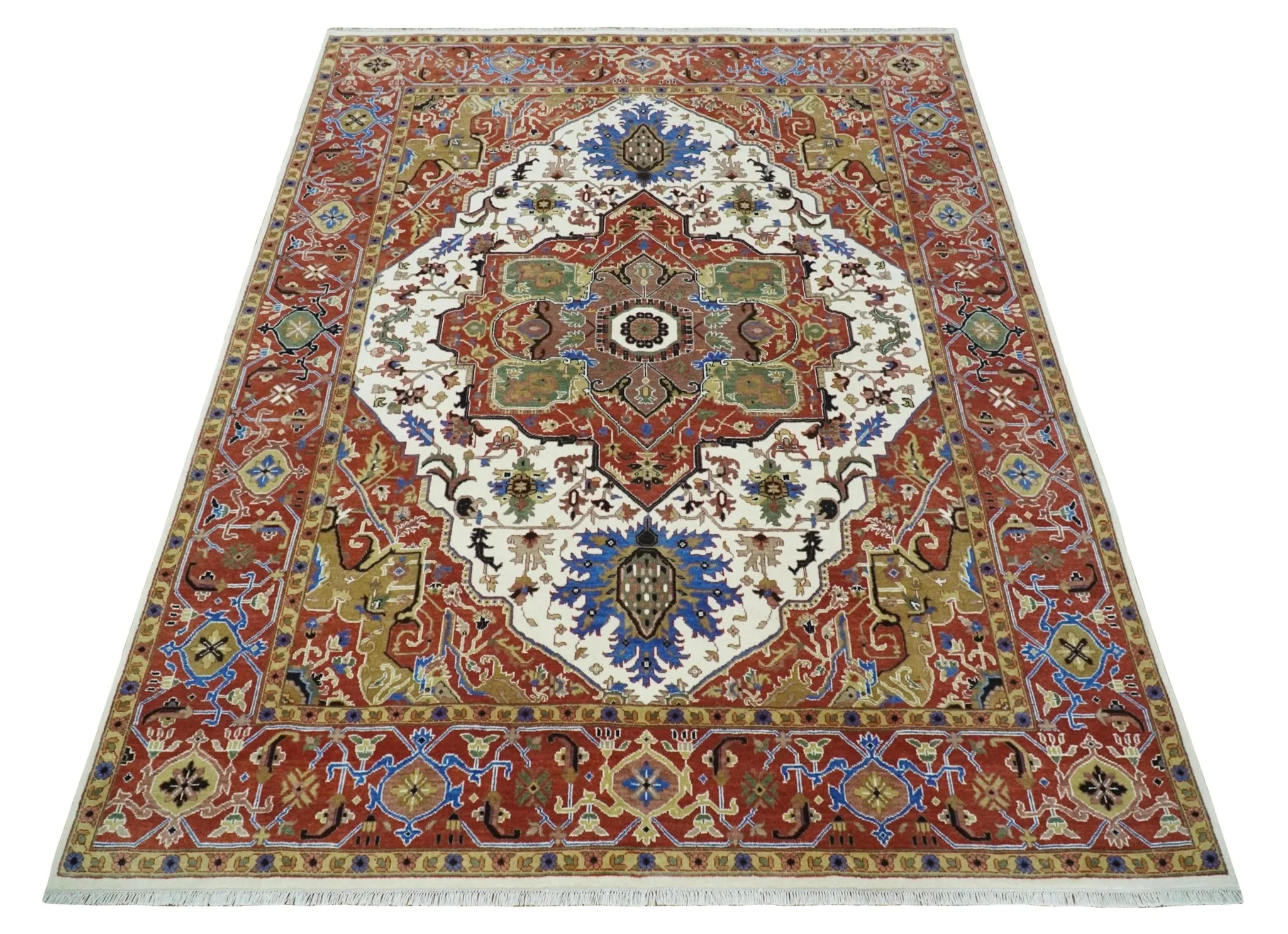 Premium Fine Knots Rust, Ivory and Olive 8x10 Hand knotted Traditional Wool Area Rug - Image 10