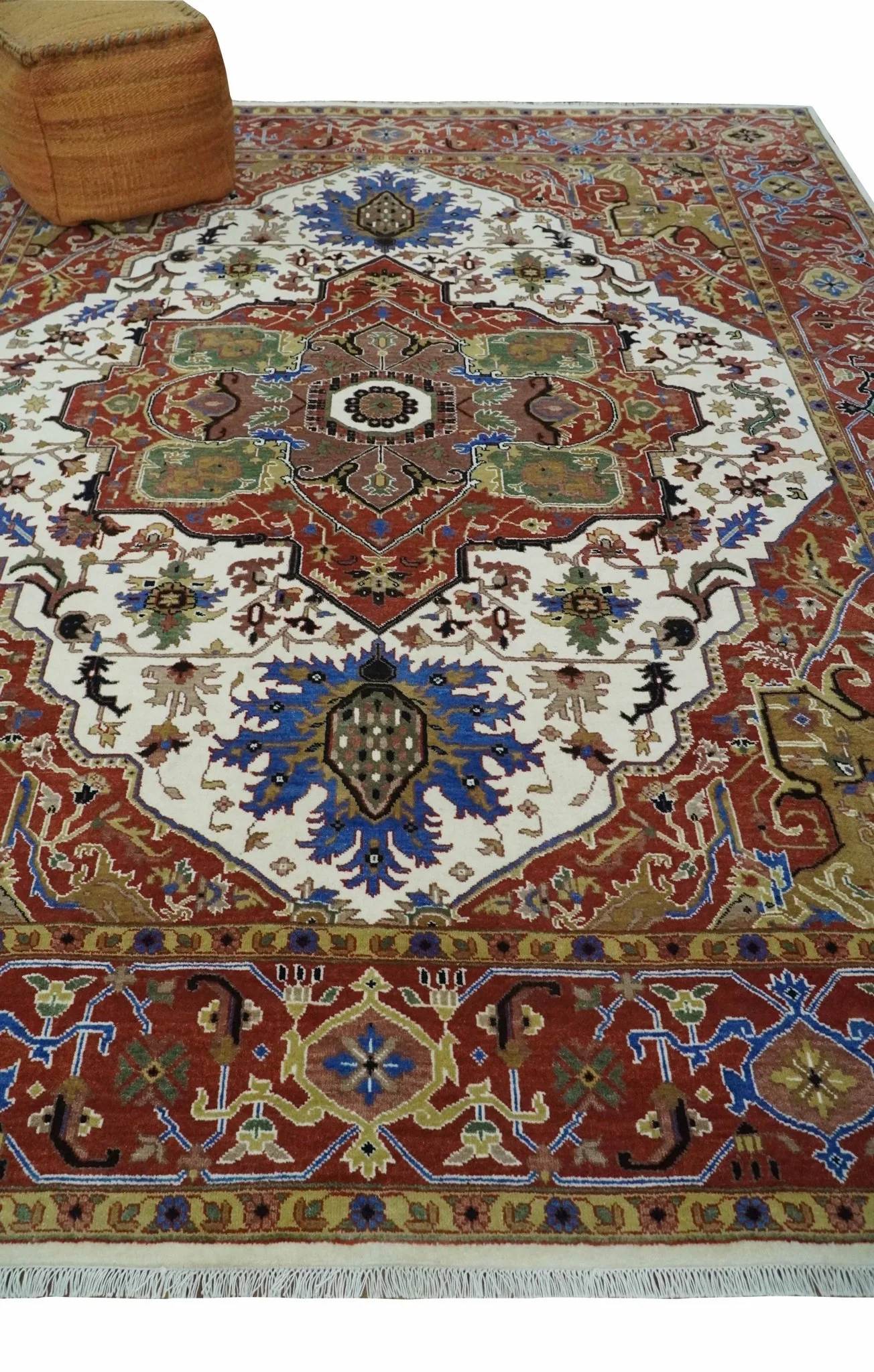 Premium Fine Knots Rust, Ivory and Olive 8x10 Hand knotted Traditional Wool Area Rug - Image 3
