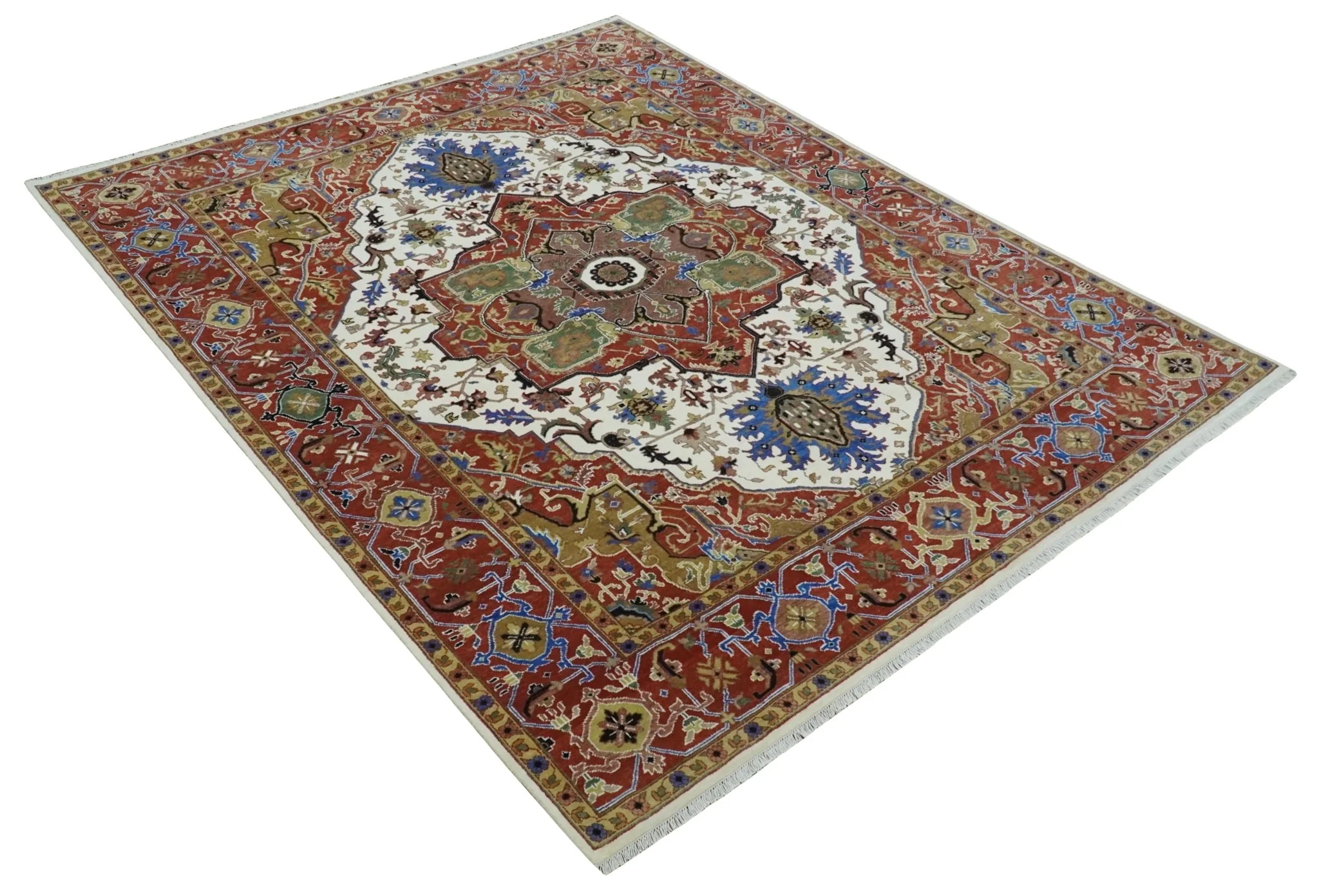 Premium Fine Knots Rust, Ivory and Olive 8x10 Hand knotted Traditional Wool Area Rug - Image 9