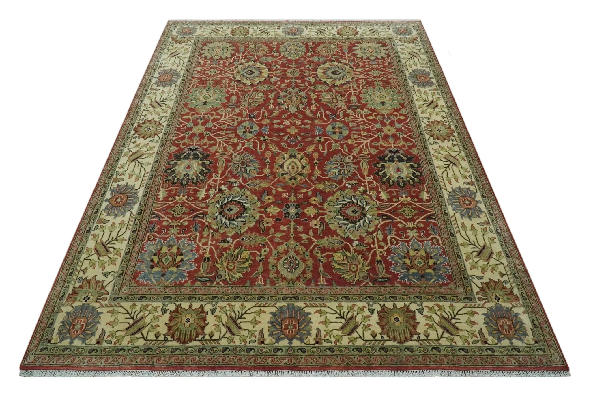 Vintage Style 9x12 Fine Hand Knotted Rust, Olive and Beige Traditional Serapi wool rug - Image 10