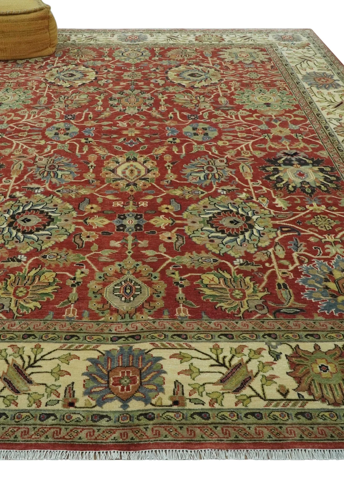 Vintage Style 9x12 Fine Hand Knotted Rust, Olive and Beige Traditional Serapi wool rug - Image 3