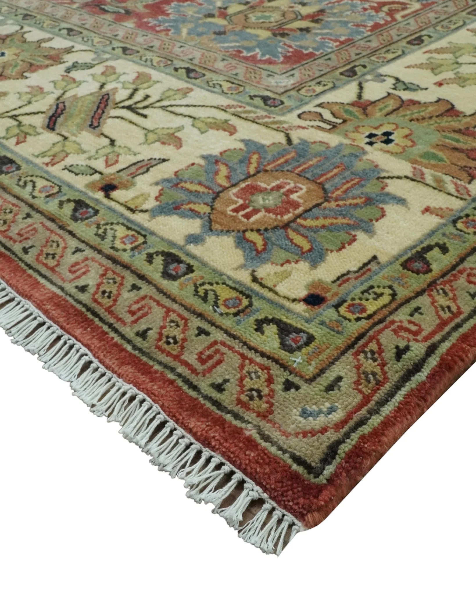 Vintage Style 9x12 Fine Hand Knotted Rust, Olive and Beige Traditional Serapi wool rug - Image 5