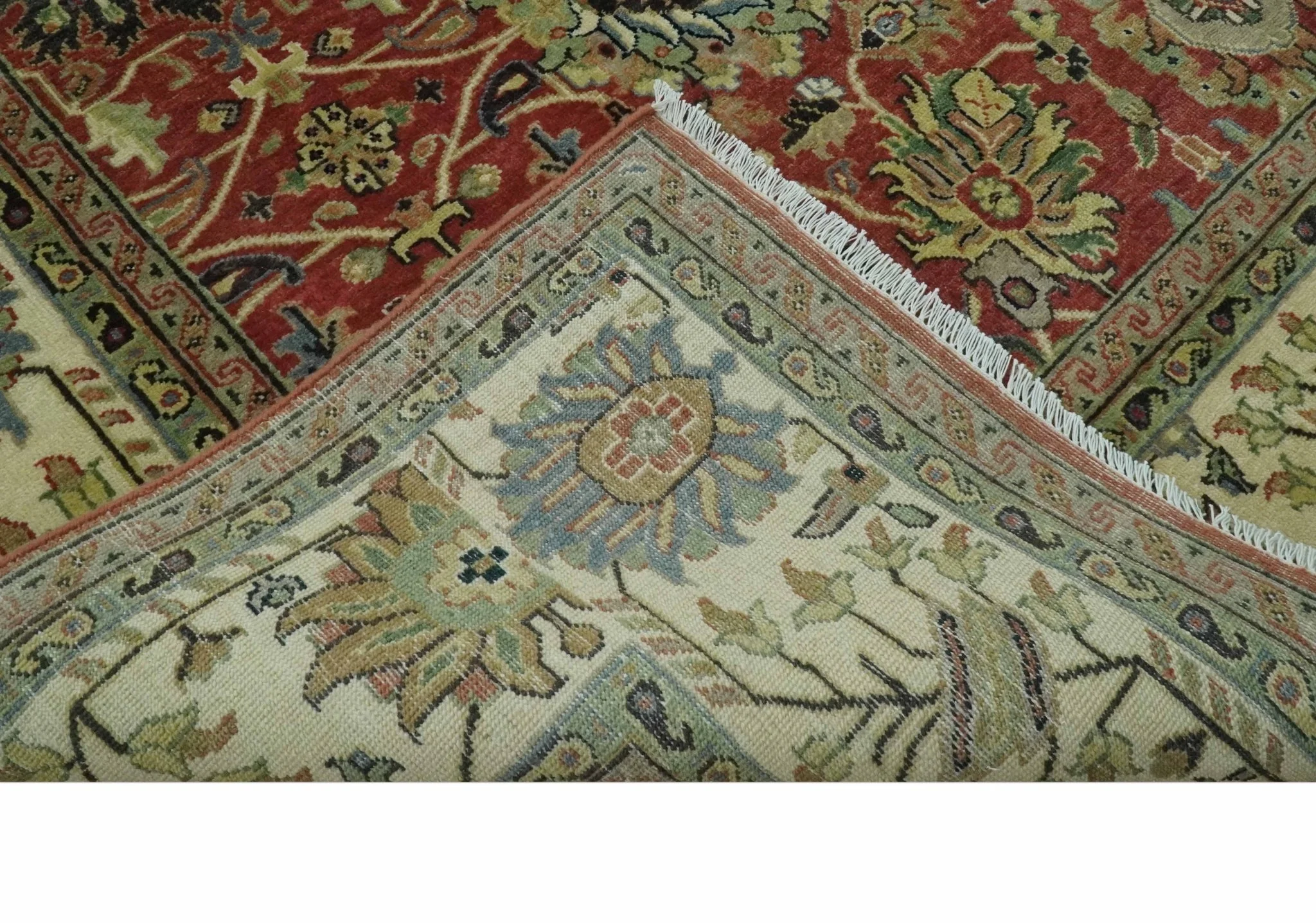 Vintage Style 9x12 Fine Hand Knotted Rust, Olive and Beige Traditional Serapi wool rug - Image 7