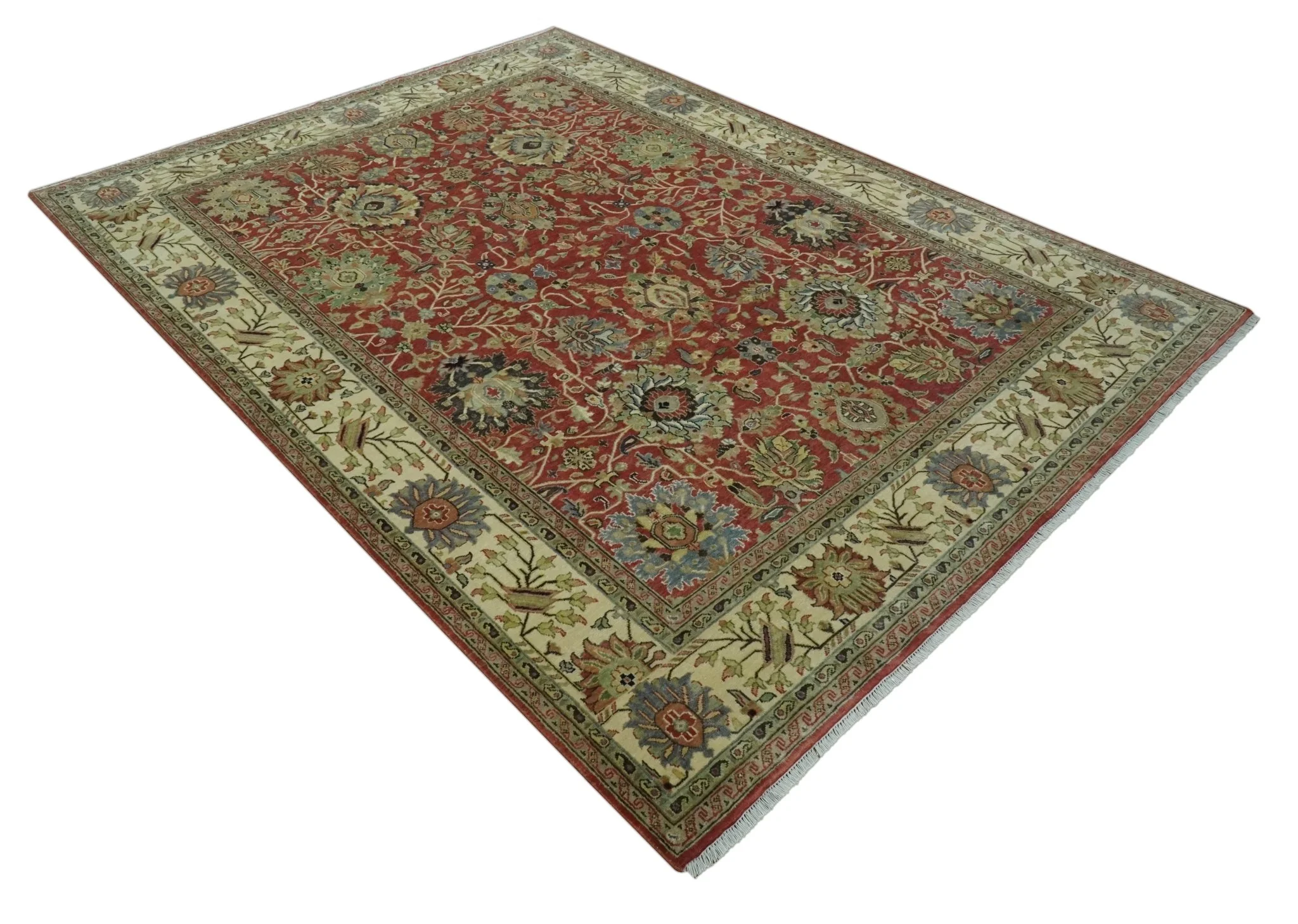 Vintage Style 9x12 Fine Hand Knotted Rust, Olive and Beige Traditional Serapi wool rug - Image 9