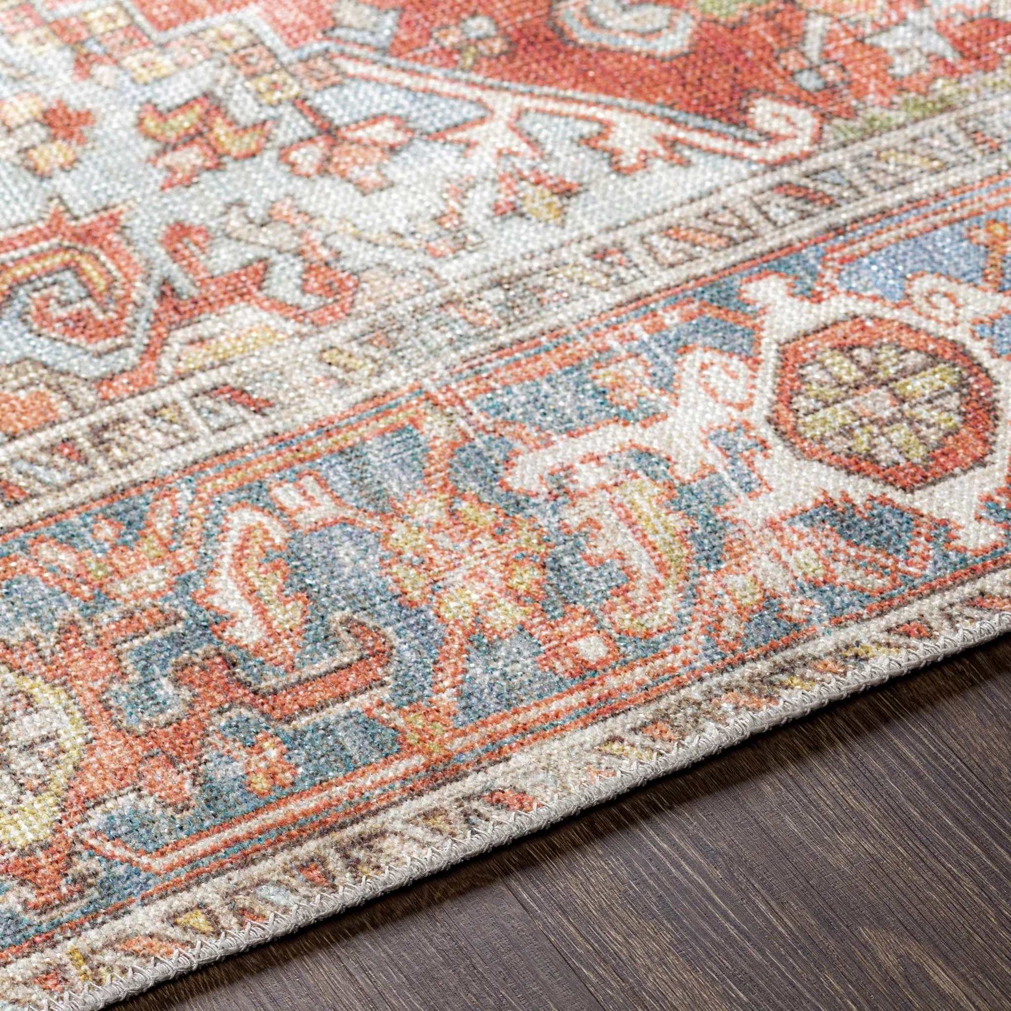 Rust, Silver and Blue Traditional Medallion design Machine Washable Rug - Image 10