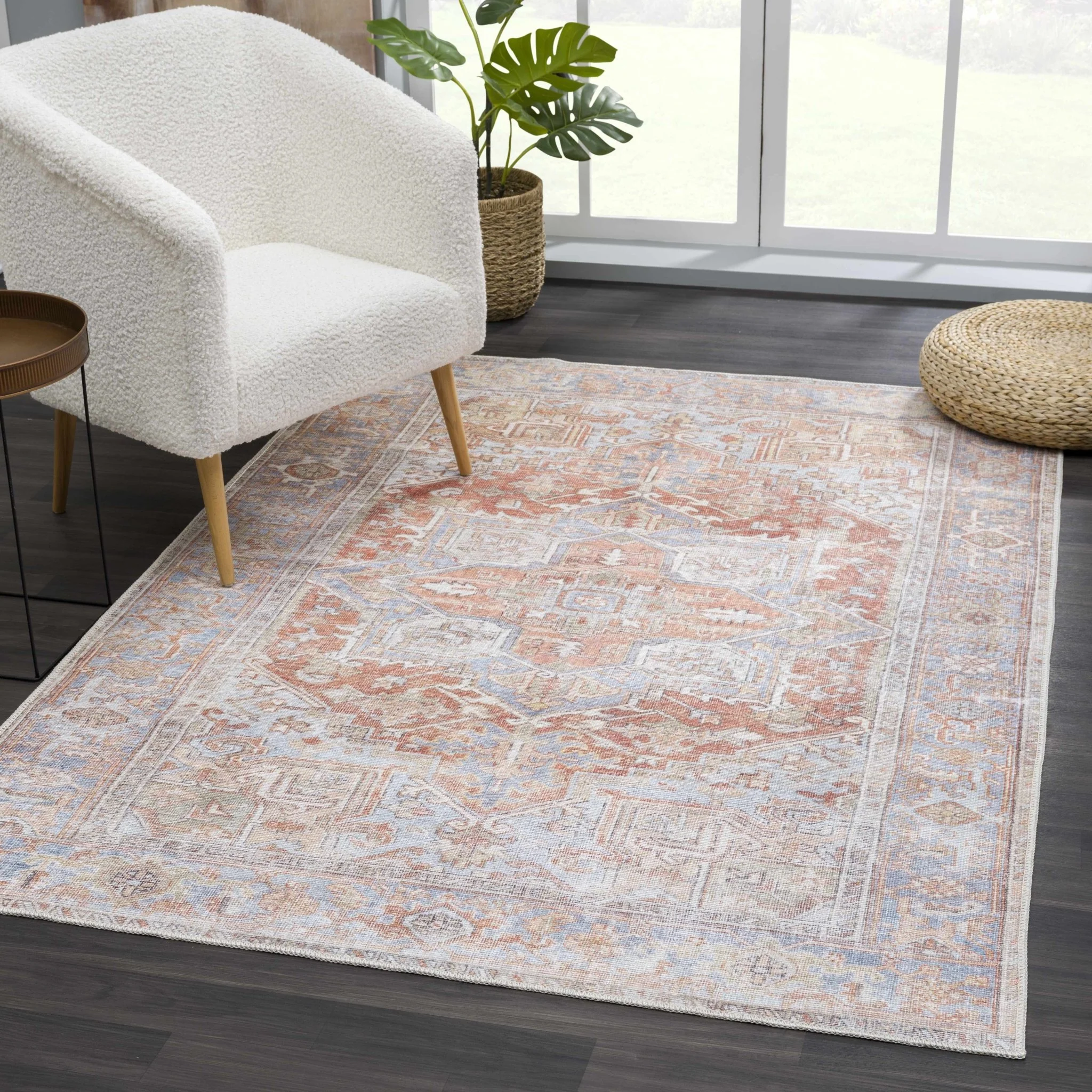 Rust, Silver and Blue Traditional Medallion design Machine Washable Rug - Image 16