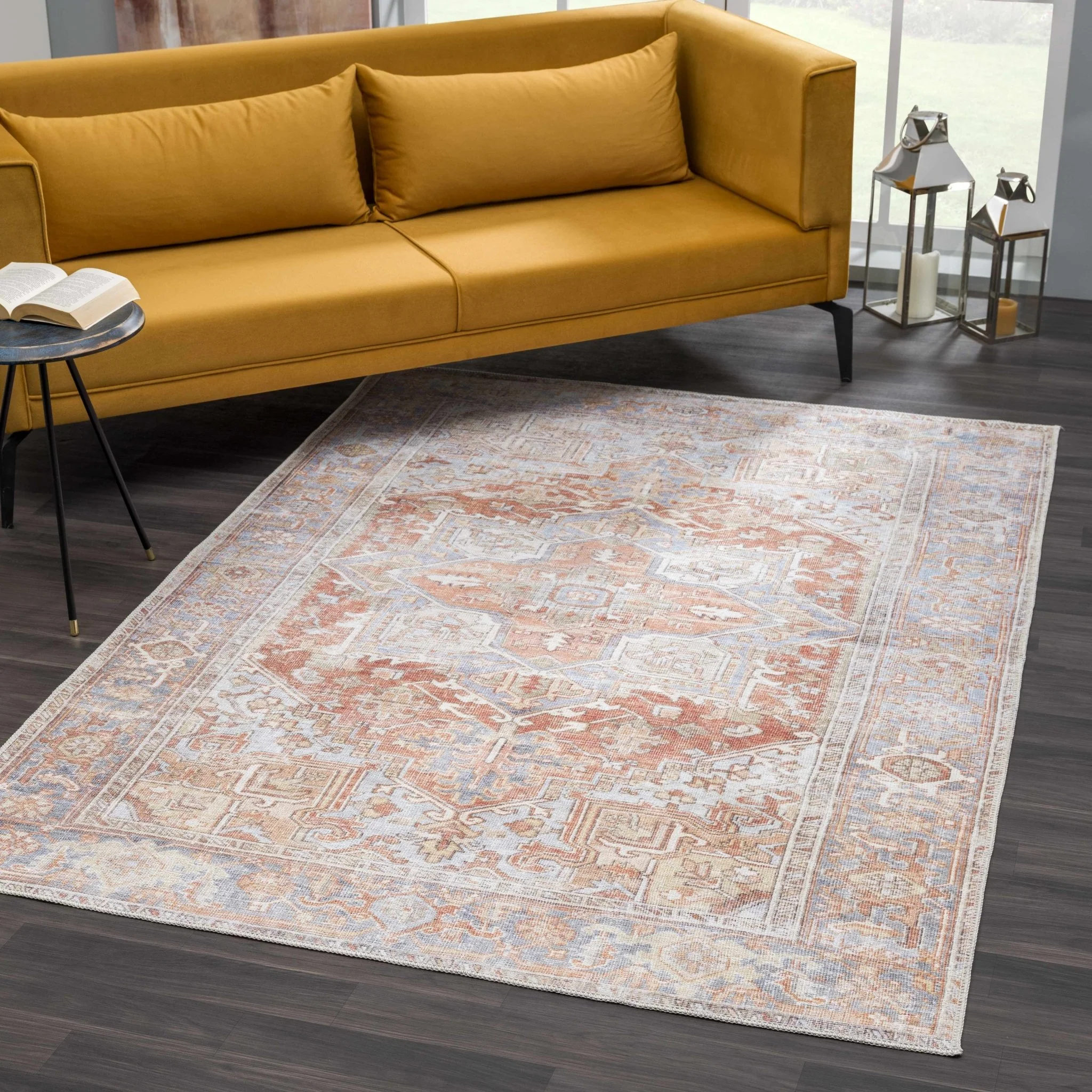 Rust, Silver and Blue Traditional Medallion design Machine Washable Rug - Image 18