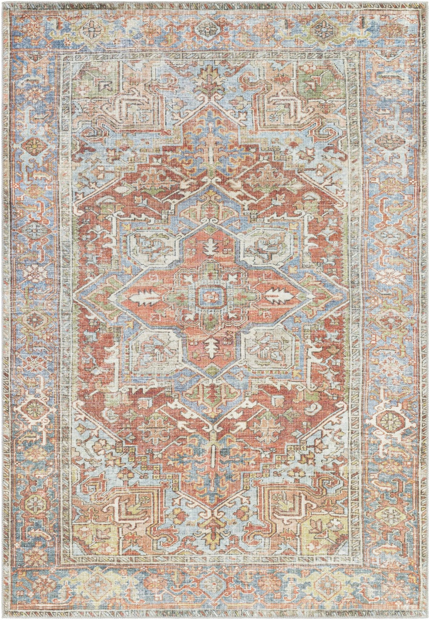 Rust, Silver and Blue Traditional Medallion design Machine Washable Rug - Image 20