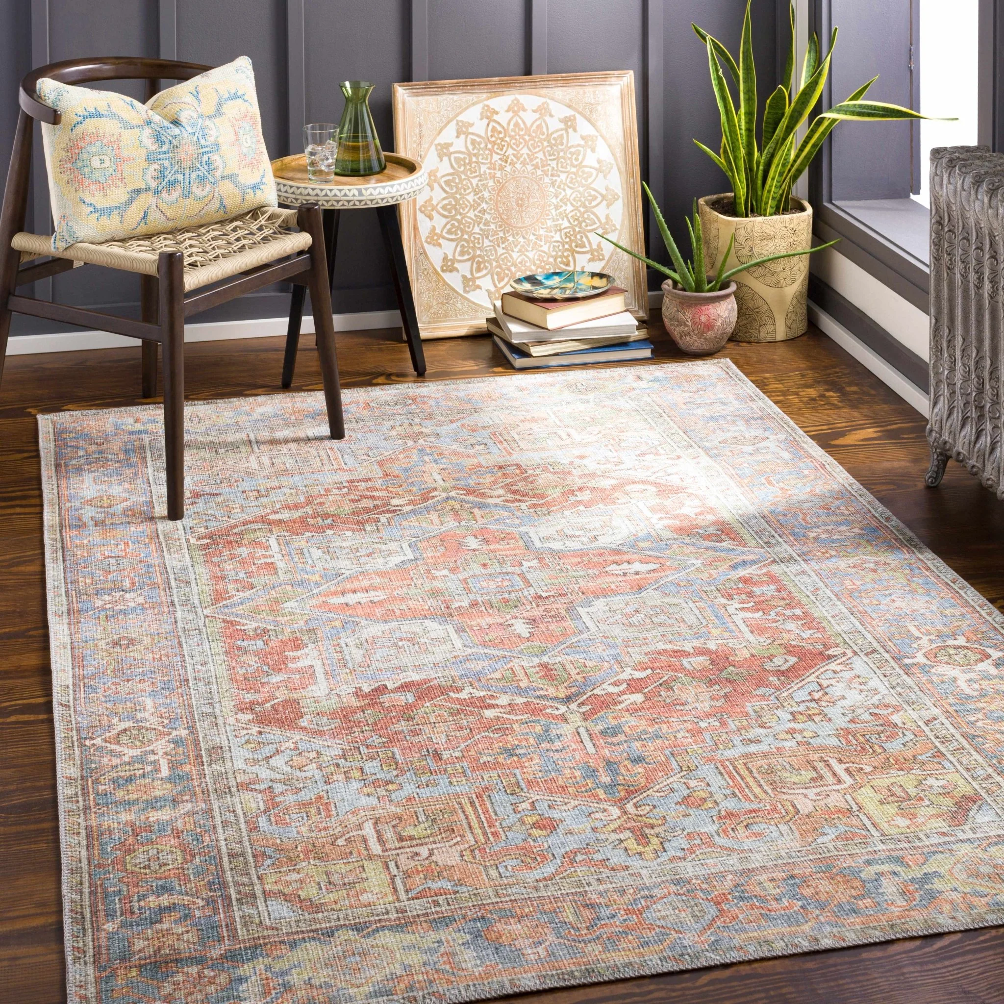 Rust, Silver and Blue Traditional Medallion design Machine Washable Rug - Image 21