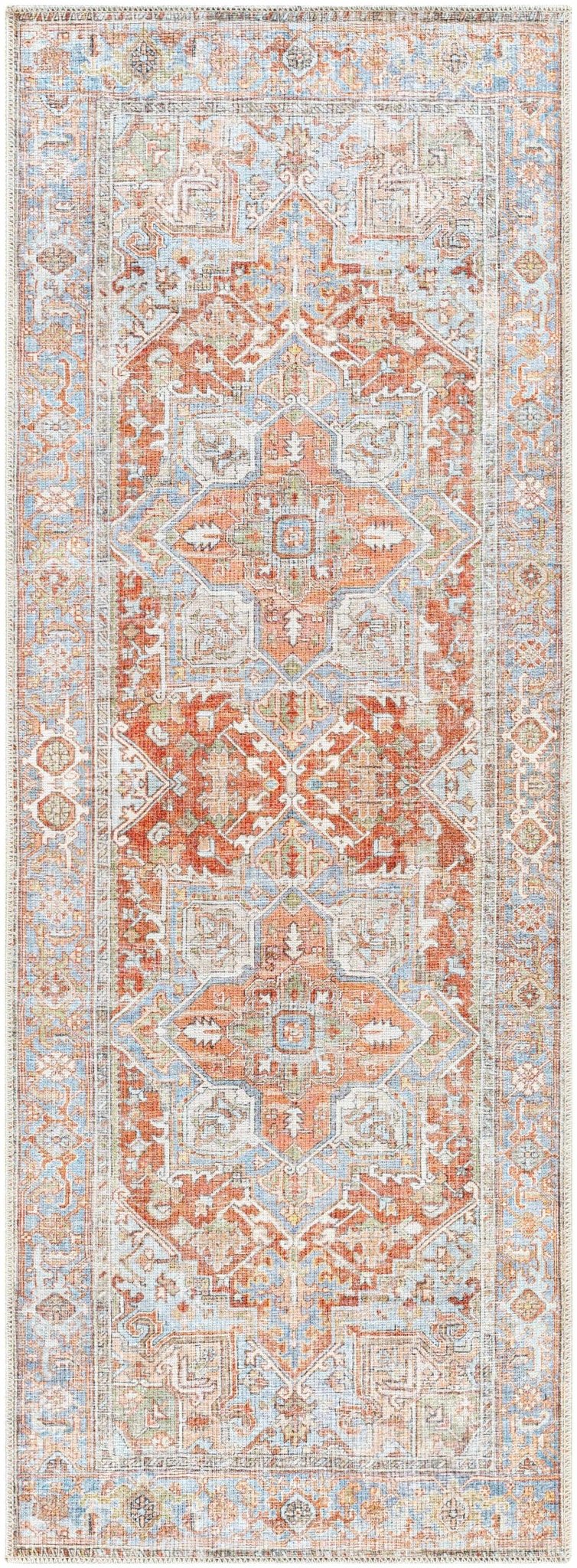 Rust, Silver and Blue Traditional Medallion design Machine Washable Rug - Image 23