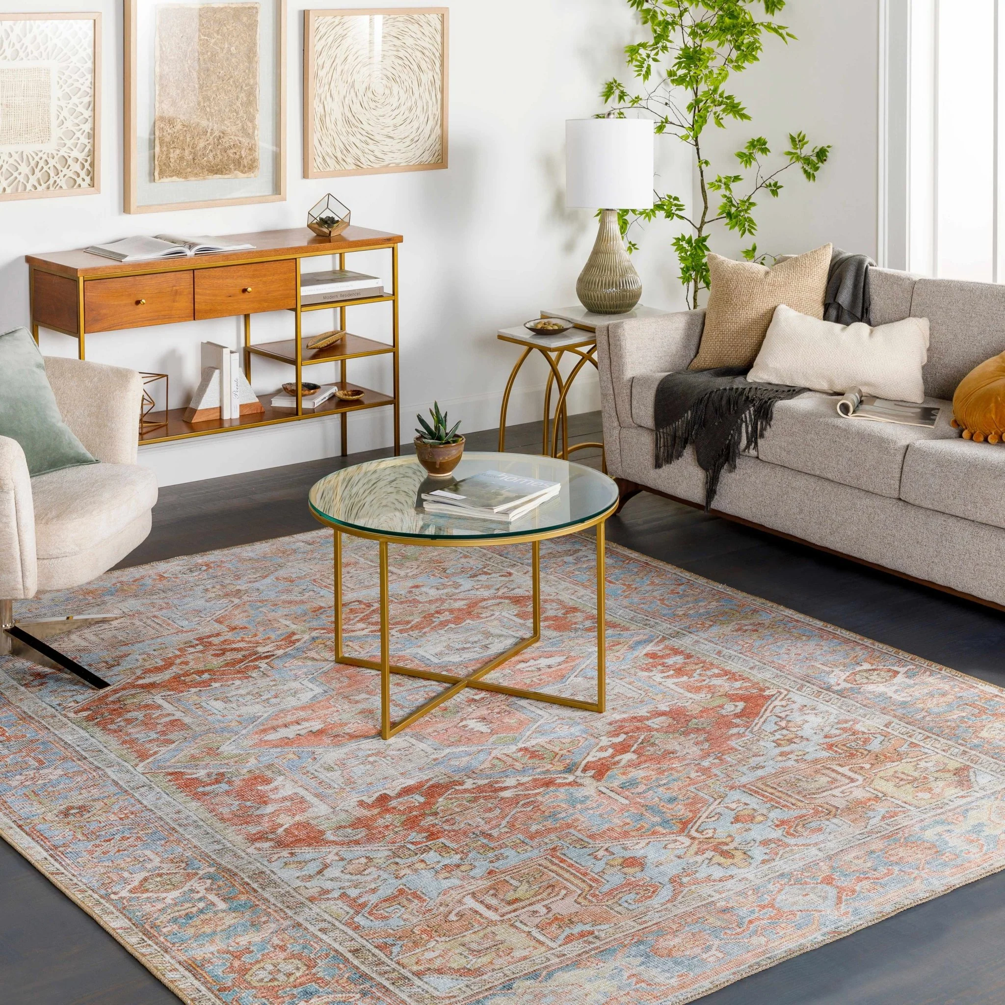 Rust, Silver and Blue Traditional Medallion design Machine Washable Rug - Image 3