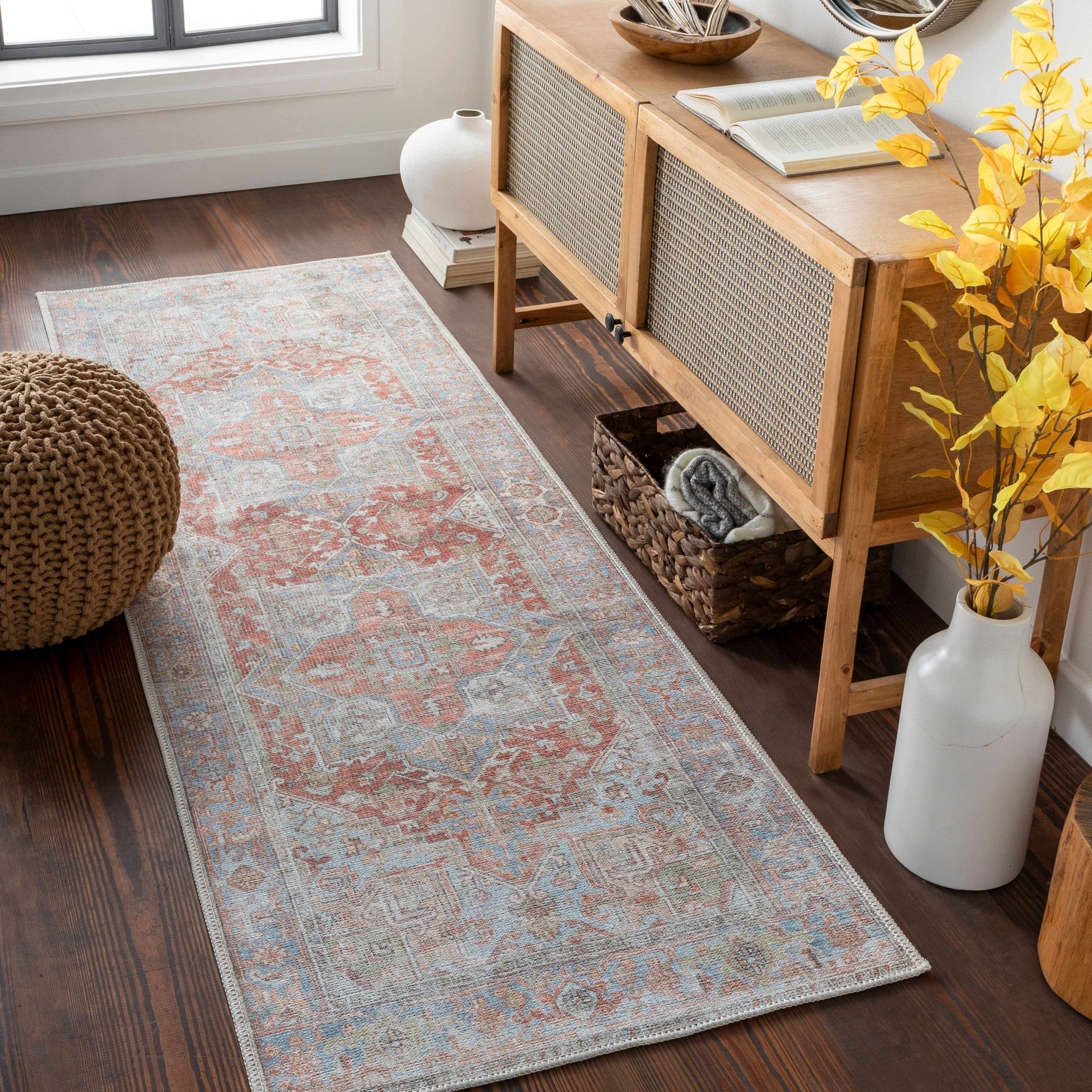 Rust, Silver and Blue Traditional Medallion design Machine Washable Rug - Image 5