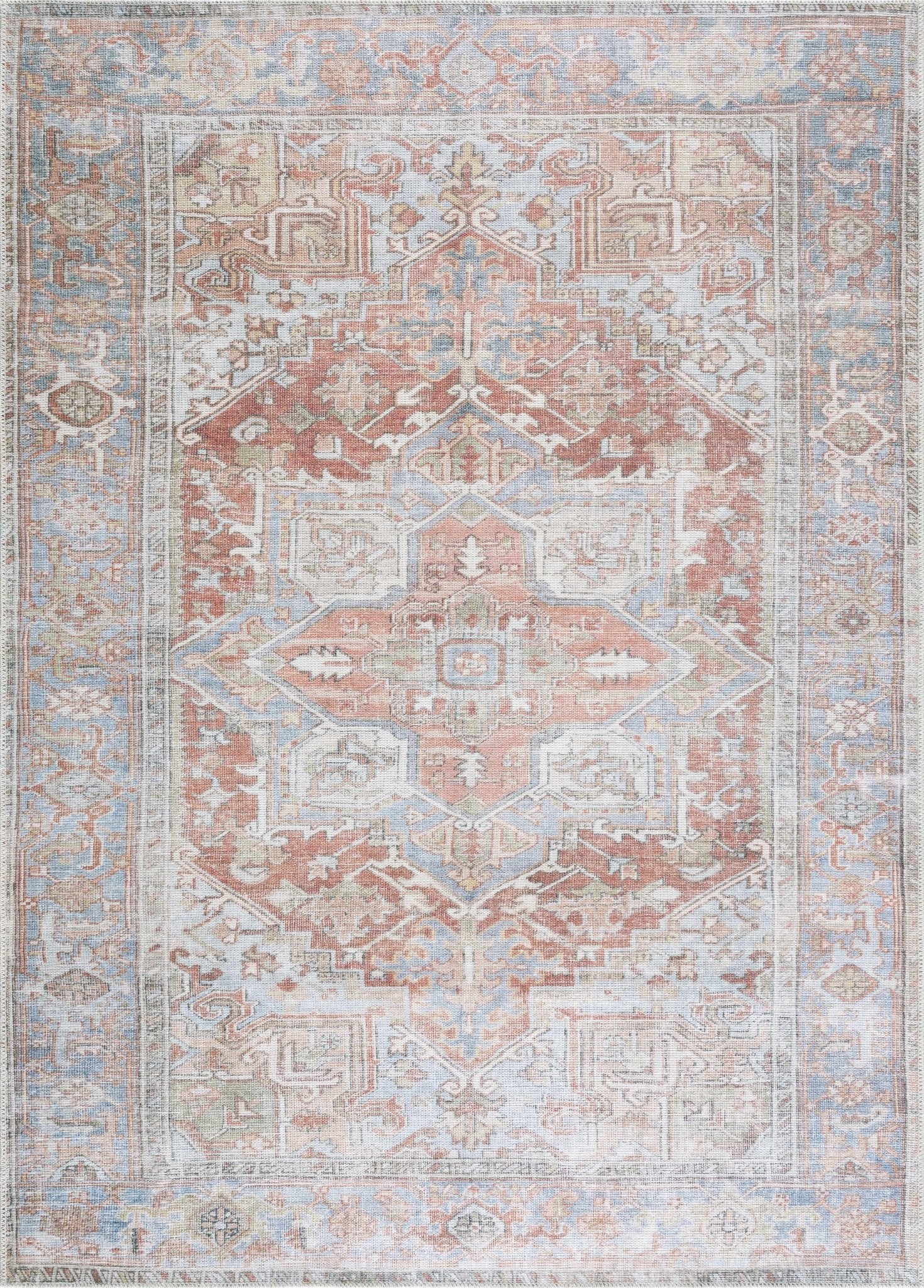 Rust, Silver and Blue Traditional Medallion design Machine Washable Rug - Image 6