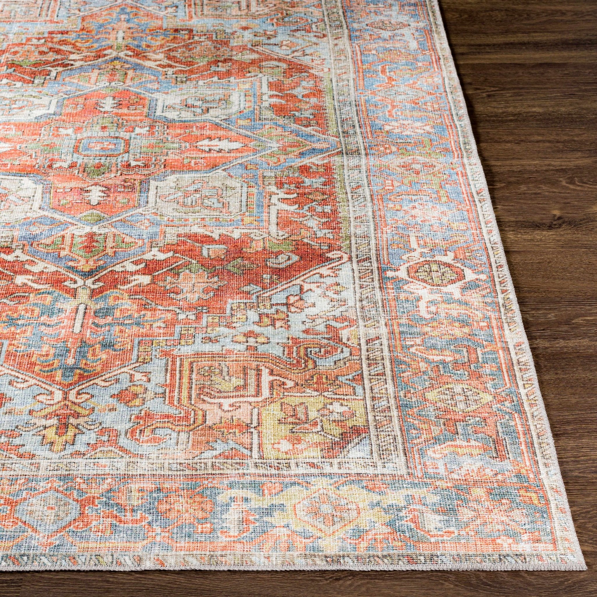 Rust, Silver and Blue Traditional Medallion design Machine Washable Rug - Image 7